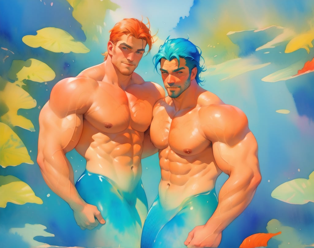 mermaid men are swimming in blue water, mature, handsome, muscle, beefy, masculine, charming, alluring, affectionate eyes, lookat viewer, (perfect anatomy), perfect proportions, best quality, masterpiece, high_resolution, Dutch angle, cowboy shot, watercolor_(artwork)