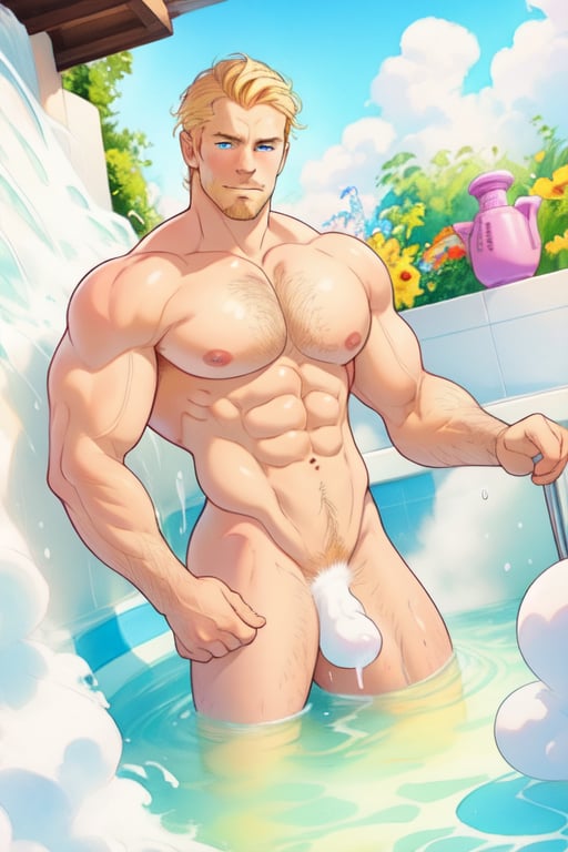two men characters of the same height, two male, 1man and 1man are in the bath in the water, there is foam on the water and there is a lot of foam around, rainbow soap bubbles are flying, white color predominates, one man has dark brown long hair, the other man character has short blond hair, blue eyes, no clothing, mature, handsome, muscle, mature, muscular , beefy, masculine, charming, alluring, affectionate eyes, lookat viewer, (perfect anatomy), perfect proportions, best quality, in the bathroom, white colors, in the morning, they are surrounded by soap foam, masterpiece, high_resolution, Dutch angle, cowboy shot, garden of statues background, watercolor, soft linear,Dreamscape