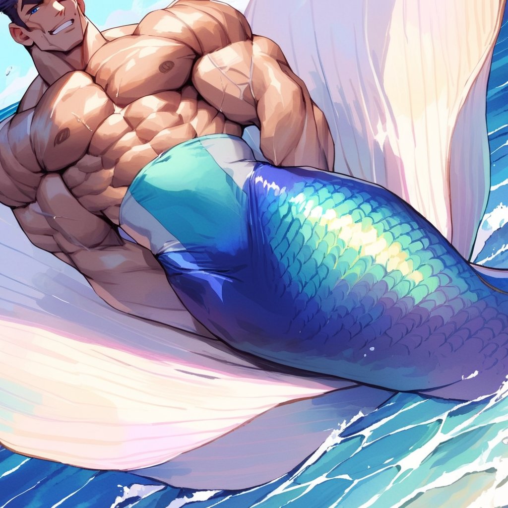 mermaid men are swimming in blue water, mature, handsome, muscle, beefy, masculine, charming, alluring, affectionate eyes, lookat viewer, (perfect anatomy), perfect proportions, best quality, masterpiece, high_resolution, Dutch angle, cowboy shot, watercolor,muscular_female