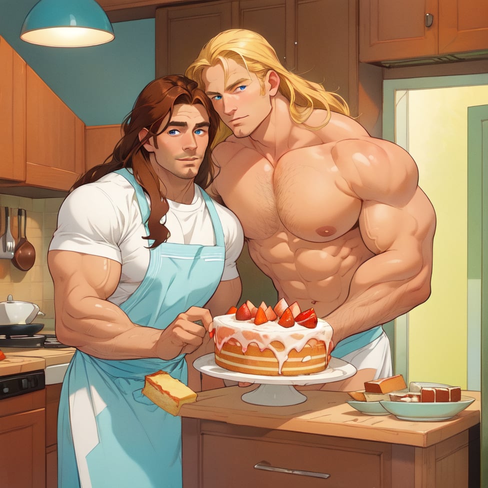 two men (two male), the one man has dark brown (dark hair) long hair, the other man character has short blond hair, blue eyes, they are eating cake, comfortable kitchen, motning, light color predominates, mature, handsome, muscle, mature, muscular, beefy, masculine, charming, alluring, affectionate eyes, lookat viewer, (perfect anatomy), perfect proportions, best quality, masterpiece, high_resolution, Dutch angle, cowboy shot, kitchen background, simple colors,Granat