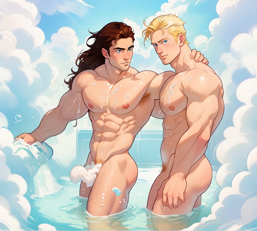 two men (two male), the one man has dark brown (dark hair) long hair, the other man character has short blond hair, blue eyes, they are in the bath in the water, there is foam on the water and there is a lot of foam around, rainbow soap bubbles are flying, white color predominates, no clothing, mature, handsome, muscle, mature, muscular , beefy, masculine, charming, alluring, affectionate eyes, lookat viewer, (perfect anatomy), perfect proportions, best quality, in the bathroom, white colors, in the morning, they are surrounded by soap foam, masterpiece, high_resolution, Dutch angle, cowboy shot, bathroom background