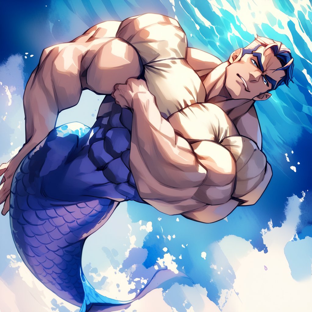 mermaid men are swimming in blue water, mature, handsome, muscle, beefy, masculine, charming, alluring, affectionate eyes, lookat viewer, (perfect anatomy), perfect proportions, best quality, masterpiece, high_resolution, Dutch angle, cowboy shot, watercolor