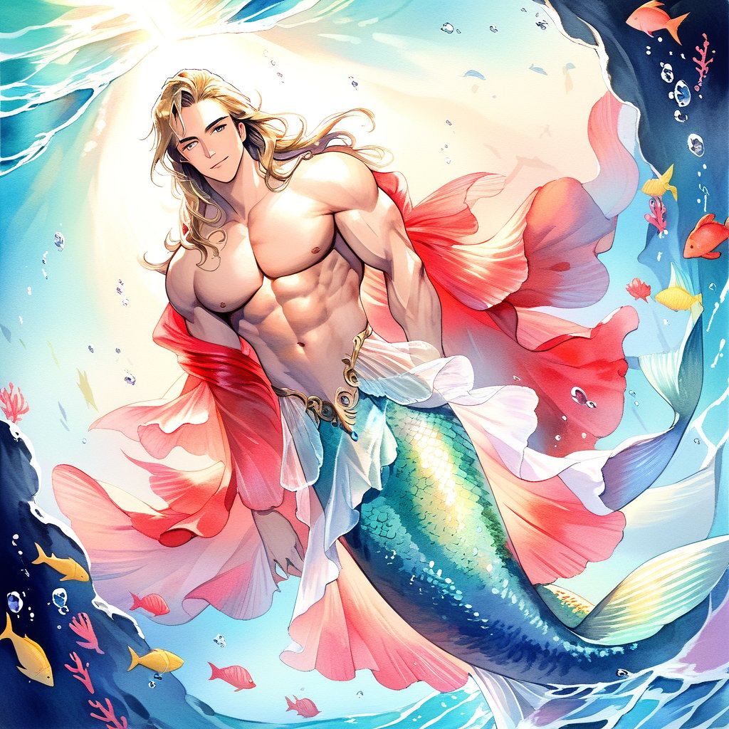 mermaid men are swimming in blue water, mature, handsome, muscle, beefy, masculine, charming, alluring, affectionate eyes, lookat viewer, (perfect anatomy), perfect proportions, best quality, masterpiece, high_resolution, Dutch angle, cowboy shot, watercolor,LegendDarkFantasy