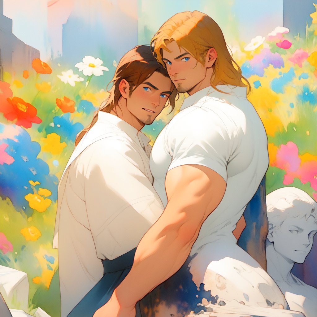 two men characters of the same height, two male, 1man and 1man are near each other, one man has dark brown long hair, the man character has short blond hair, blue eyes, clothing toga, mature, handsome, muscule, mature, muscular, beefy, masculine, charming, alluring,  affectionate eyes, lookat viewer, (perfect anatomy), perfect proportions, best quality, in the garden of statues, gray  colours, colours of stones, in the evening, they are surrounded by the ruined remains of stone fences, next to them there is a beautiful marble white antique sculpture, dark evening lighting, masterpiece, high_resolution, dutch angle, cowboy shot, garden of statues background, watercolor,comic book, linear, background of muted colors monochrome,no_humans