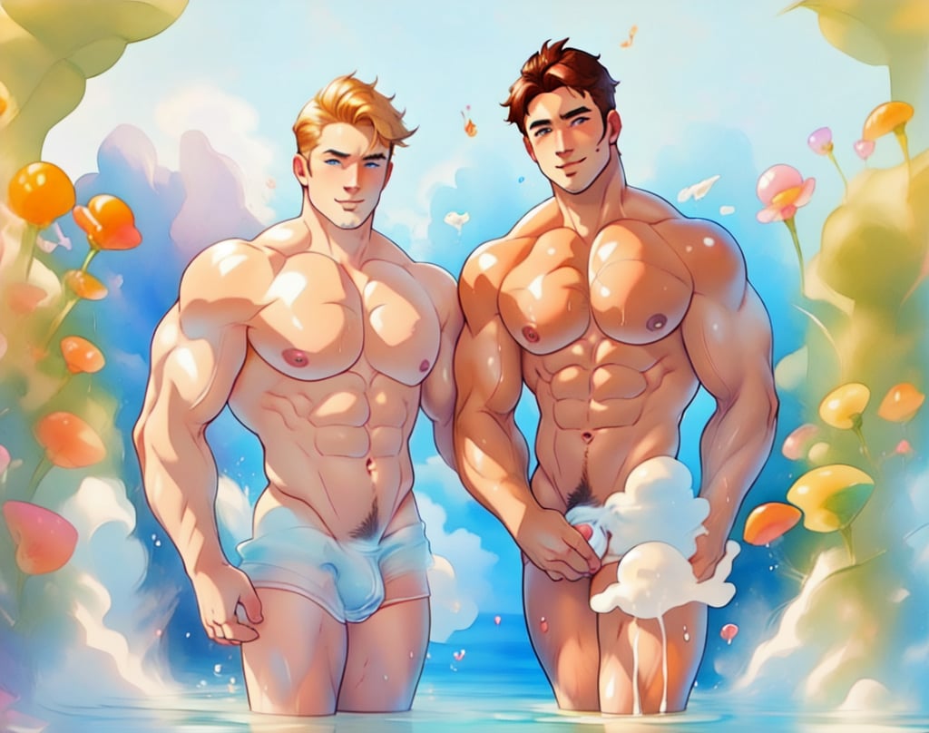 two men (two male), the one man has dark brown (dark hair) long hair, the other man character has short blond hair, blue eyes, they are in the bath in the water, there is foam on the water and there is a lot of foam around, rainbow soap bubbles are flying, white color predominates, no clothing, mature, handsome, muscle, mature, muscular , beefy, masculine, charming, alluring, affectionate eyes, lookat viewer, (perfect anatomy), perfect proportions, best quality, in the bathroom, in the morning, they are surrounded by soap foam, masterpiece, high_resolution, Dutch angle, cowboy shot, bathroom background,cloudstick,watercolor