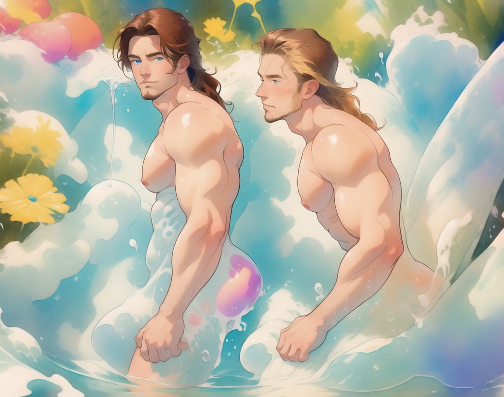 two men (two male), the one man has dark brown (dark hair) long hair, the other man character has short blond hair, blue eyes, they are in the bath in the water, there is foam on the water and there is a lot of foam around, rainbow soap bubbles are flying, white color predominates, no clothing, mature, handsome, muscle, mature, muscular , beefy, masculine, charming, alluring, affectionate eyes, lookat viewer, (perfect anatomy), perfect proportions, best quality, in the bathroom, in the morning, they are surrounded by soap foam, masterpiece, high_resolution, Dutch angle, cowboy shot, bathroom background,watercolor