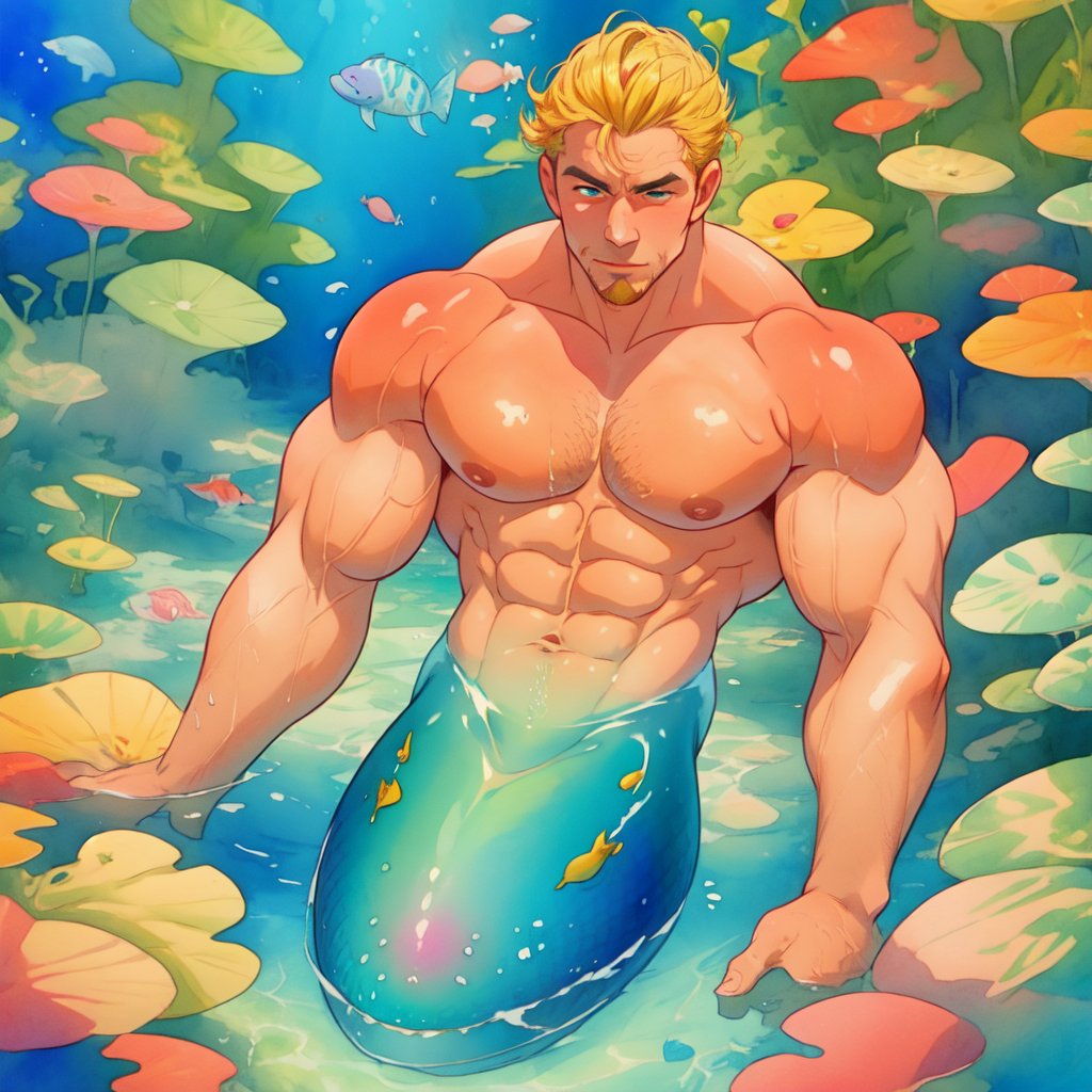 mermaid men are swimming in blue water, mature, handsome, muscle, beefy, masculine, charming, alluring, affectionate eyes, lookat viewer, (perfect anatomy), perfect proportions, best quality, masterpiece, high_resolution, Dutch angle, cowboy shot, watercolor,Water Enchantress of the Temple,hoshino_aquamarine