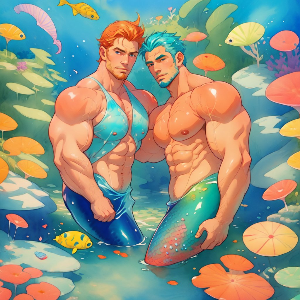 mermaid men are swimming in blue water, mature, handsome, muscle, beefy, masculine, charming, alluring, affectionate eyes, lookat viewer, (perfect anatomy), perfect proportions, best quality, masterpiece, high_resolution, Dutch angle, cowboy shot, watercolor,Water Enchantress of the Temple,hoshino_aquamarine