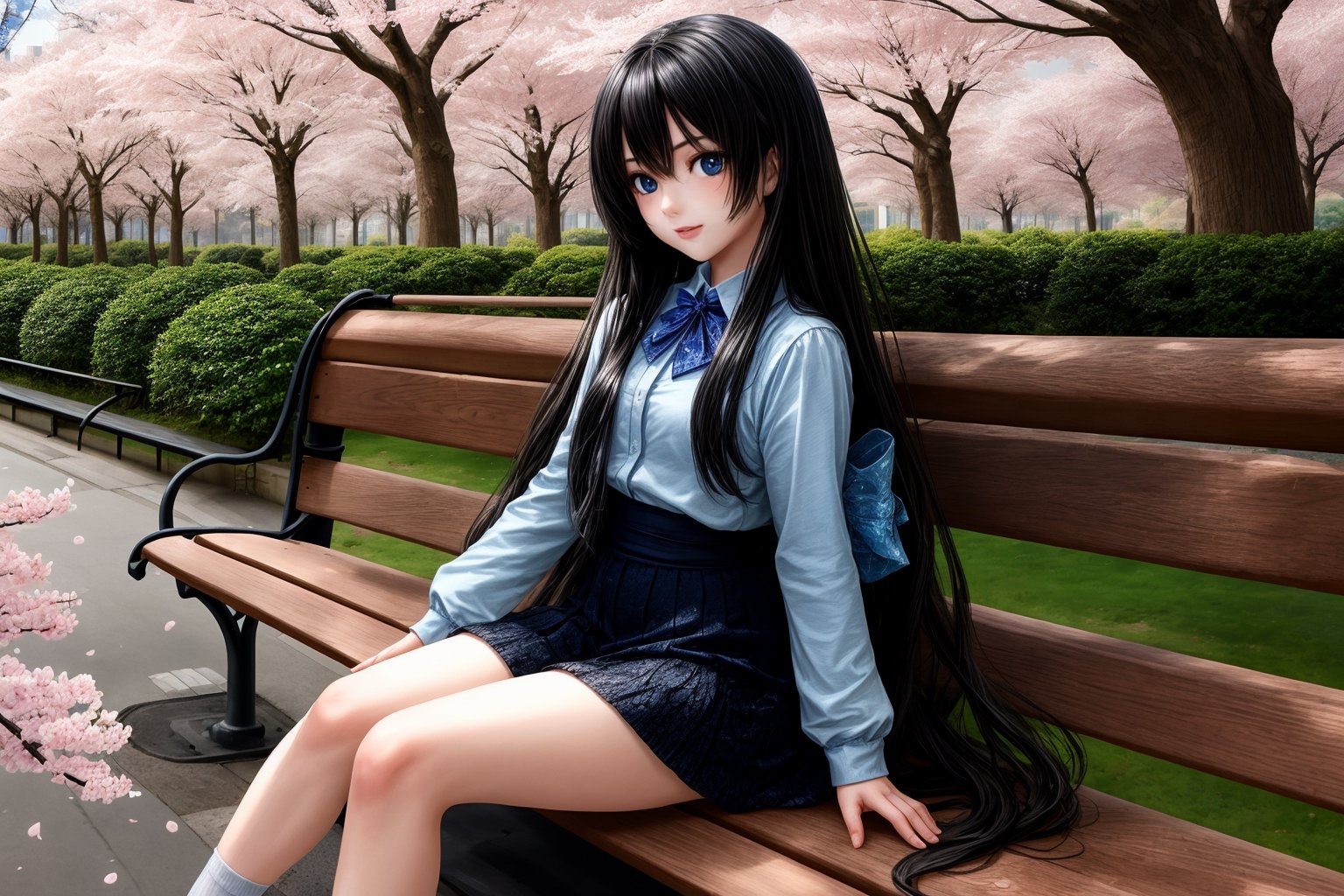 best quality, ultra details, In Tokyo, Japan, a high school girl with black long hair and crystal blue eye sits on a park bench watching cherry blossoms drift by.,Perfect Anything,perfecteyes eyes
