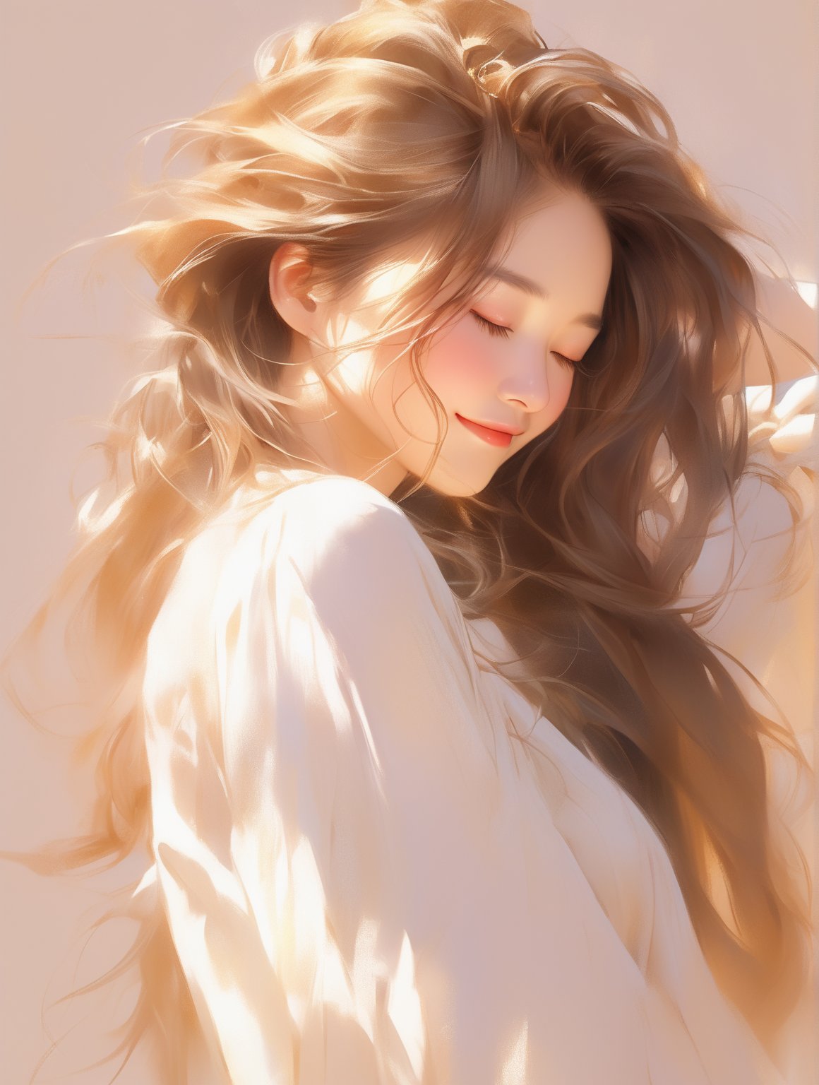 A young Asian woman with long, flowing hair stands against a soft, warm background, her eyes closed and a gentle, contented smile on her face. The sunlight bathes her in a golden glow, highlighting the delicate features of her face and the softness of her hair. She wears a light, airy blouse that complements the serene and blissful atmosphere. The overall scene exudes a sense of peace, joy, and tranquility, capturing a perfect moment of quiet happiness,  8k, masterpiece, ultra-realistic, best quality, high resolution, high definition.