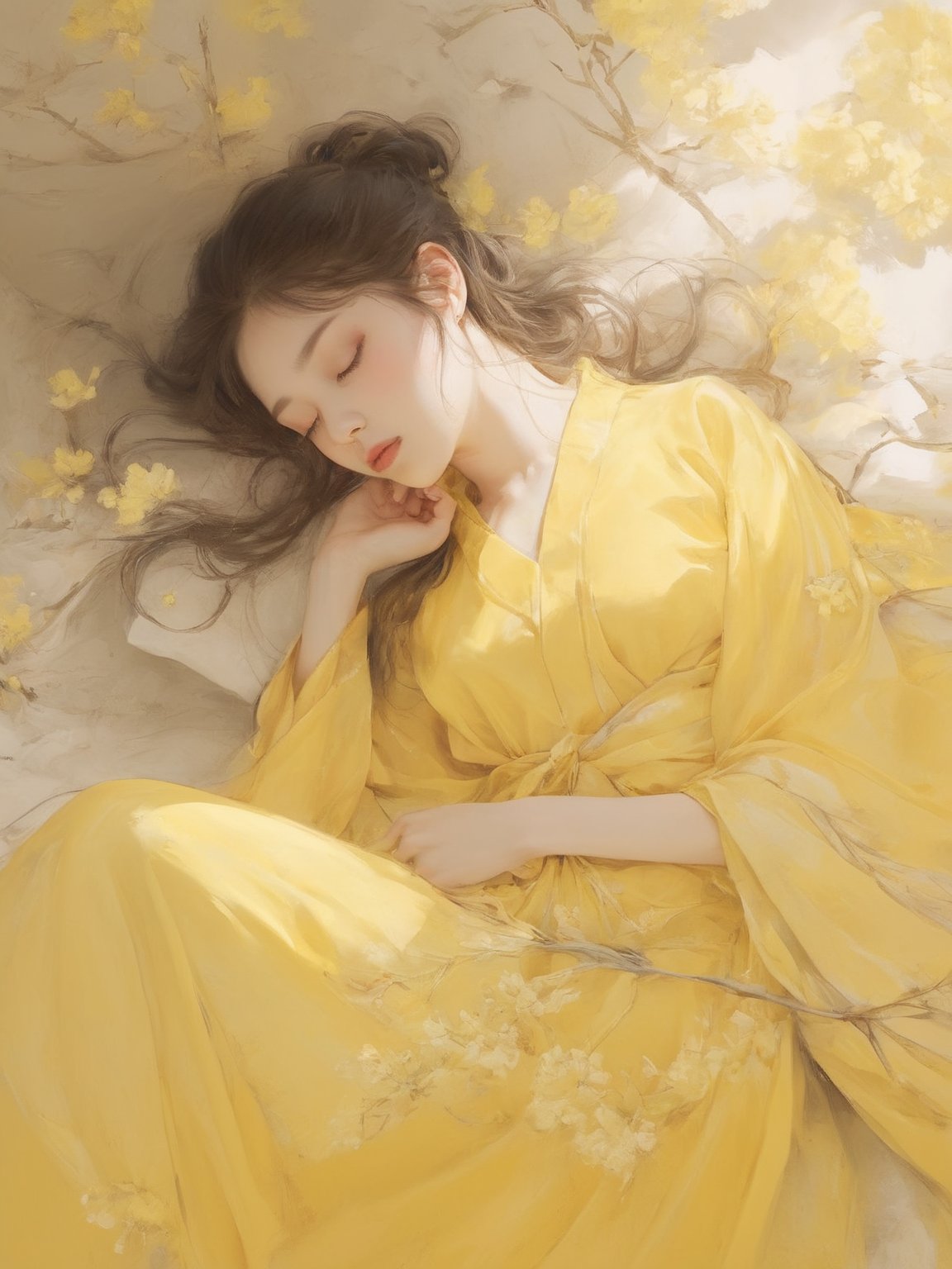 Create a highly detailed, ethereal illustration of an Asian woman peacefully sleeping amidst a bed of yellow flowers. She is dressed in a flowing, elegant yellow robe that blends harmoniously with the surrounding blossoms. Her hair cascades gently around her, and her expression is serene and content. The soft, natural light filters through the flowers, casting a warm, golden glow on her and the scene. The overall composition evokes a sense of tranquility, natural beauty, and timeless elegance, creating a dreamlike and serene atmosphere, natural beauty, and timeless grace, 8k, masterpiece, ultra-realistic, best quality, high resolution, high definition, Chinese style, asian woman, wave, top quality, mystery, oil painting, crazy details, complex composition, strong colors, science fiction, transparency, dynamic lighting Ink style, grayscale, pastels, mysterious atmosphere, delicate brushstrokes, frontal composition, wind and clouds, Dynamic shots of flowing ink: Photorealistic masterpieces in 8k resolution: Aaron Hawkey and Jeremy Mann: Intricate fluid gouaches: Jean Bart tiste monger: Calligraphy: Cene: Colorful watercolor art, professional photography, volumetric light maximization photography: by marton bobzert: complexity, refinement, elegance, vastness, fantasy, dark composites, octane rendering, DonMASKTexXL, painted world in 8k resolution concept art, Fantasy Art, Oil Painting, Kabuki, Impressionist PaintingJapanese style, white cat, wave, top quality, mystery, oil painting, crazy details, complex composition, strong colors, science fiction, transparency, dynamic lighting Ink style, grayscale, pastels, mysterious atmosphere, delicate brushstrokes, frontal composition, wind and clouds, Dynamic shots of flowing ink: Photorealistic masterpieces in 8k resolution: Aaron Hawkey and Jeremy Mann: Intricate fluid gouaches: Jean Bart tiste monger: Calligraphy: Cene: Colorful watercolor art, professional photography, volumetric light maximization photography: by marton bobzert: complexity, refinement, elegance, vastness, fantasy, dark composites, octane rendering, DonMASKTexXL, painted world in 8k resolution concept art, Fantasy Art, Oil Painting, Kabuki, Impressionist Painting
Chinese style, asian woman, wave, top quality, mystery, oil painting, crazy details, complex composition, strong colors, science fiction, transparency, dynamic lighting
Ink style, grayscale, pastels, mysterious atmosphere, delicate brushstrokes, frontal composition, wind and clouds,
Dynamic shots of flowing ink: Photorealistic masterpieces in 8k resolution: Aaron Hawkey and Jeremy Mann: Intricate fluid gouaches: Jean Bart tiste monger: Calligraphy: Cene: Colorful watercolor art, professional photography, volumetric light maximization photography: by marton bobzert: complexity, refinement, elegance, vastness, fantasy, dark composites, octane rendering, DonMASKTexXL, painted world in 8k resolution concept art, Fantasy Art, Oil Painting, Kabuki, Impressionist Painting
