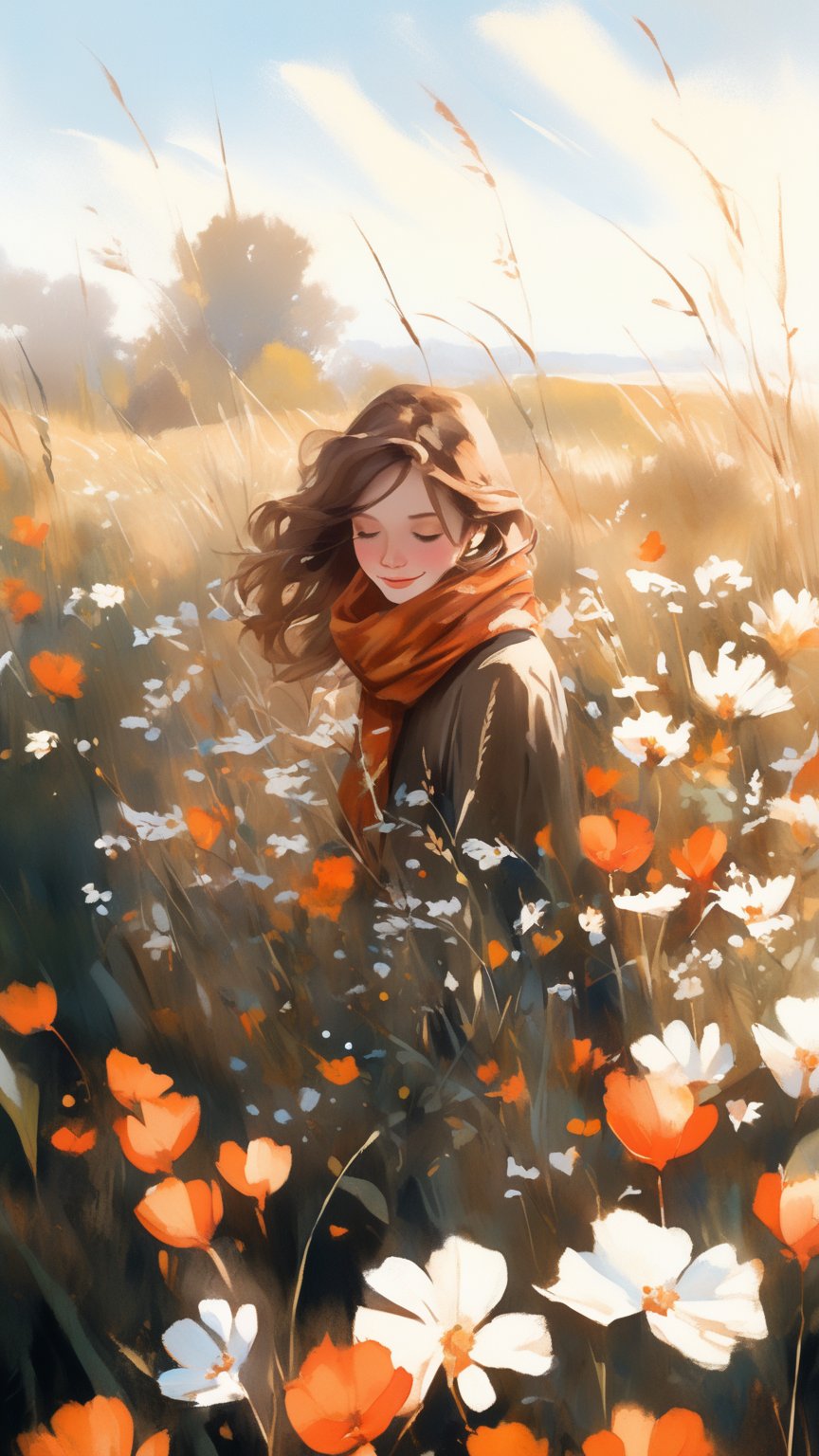 A serene, picturesque meadow bathed in the warm, golden light of a late afternoon sun, where a young woman with wavy, chestnut-brown hair is nestled among the tall grasses and blooming wildflowers. She wears a cozy, rust-colored scarf that adds a touch of warmth and autumnal charm to her outfit, contrasting beautifully with the delicate whites and vibrant oranges of the flowers surrounding her. Her gentle smile and soft, expressive eyes exude a sense of peace and contentment as she enjoys this tranquil moment in nature. The background features a distant, softly focused tree and a sky adorned with wispy clouds, enhancing the dreamy, idyllic atmosphere. This scene captures the essence of serene beauty and the simple joys of connecting with nature.