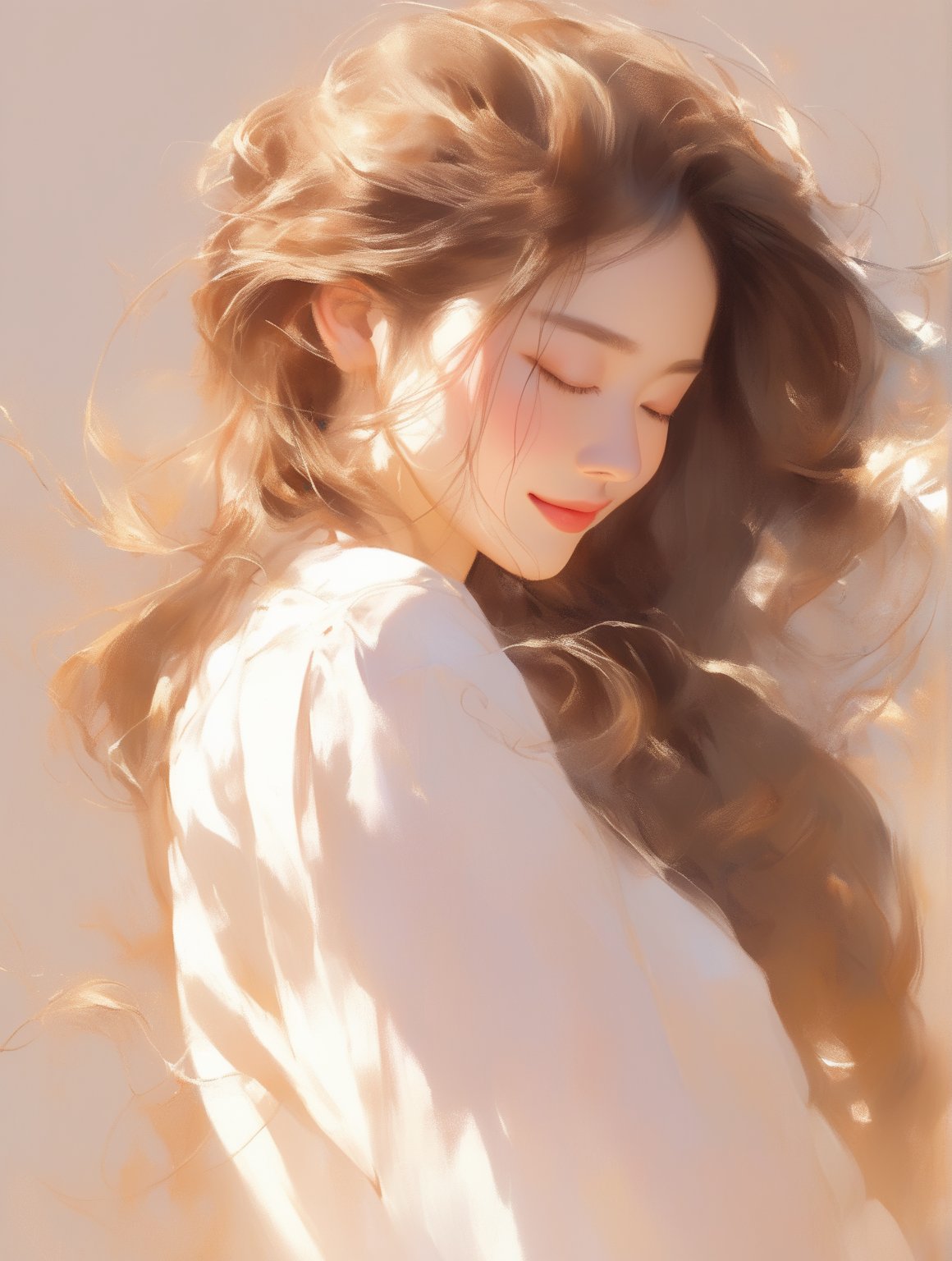 A young Asian woman with long, flowing hair stands against a soft, warm background, her eyes closed and a gentle, contented smile on her face. The sunlight bathes her in a golden glow, highlighting the delicate features of her face and the softness of her hair. She wears a light, airy blouse that complements the serene and blissful atmosphere. The overall scene exudes a sense of peace, joy, and tranquility, capturing a perfect moment of quiet happiness,  8k, masterpiece, ultra-realistic, best quality, high resolution, high definition.