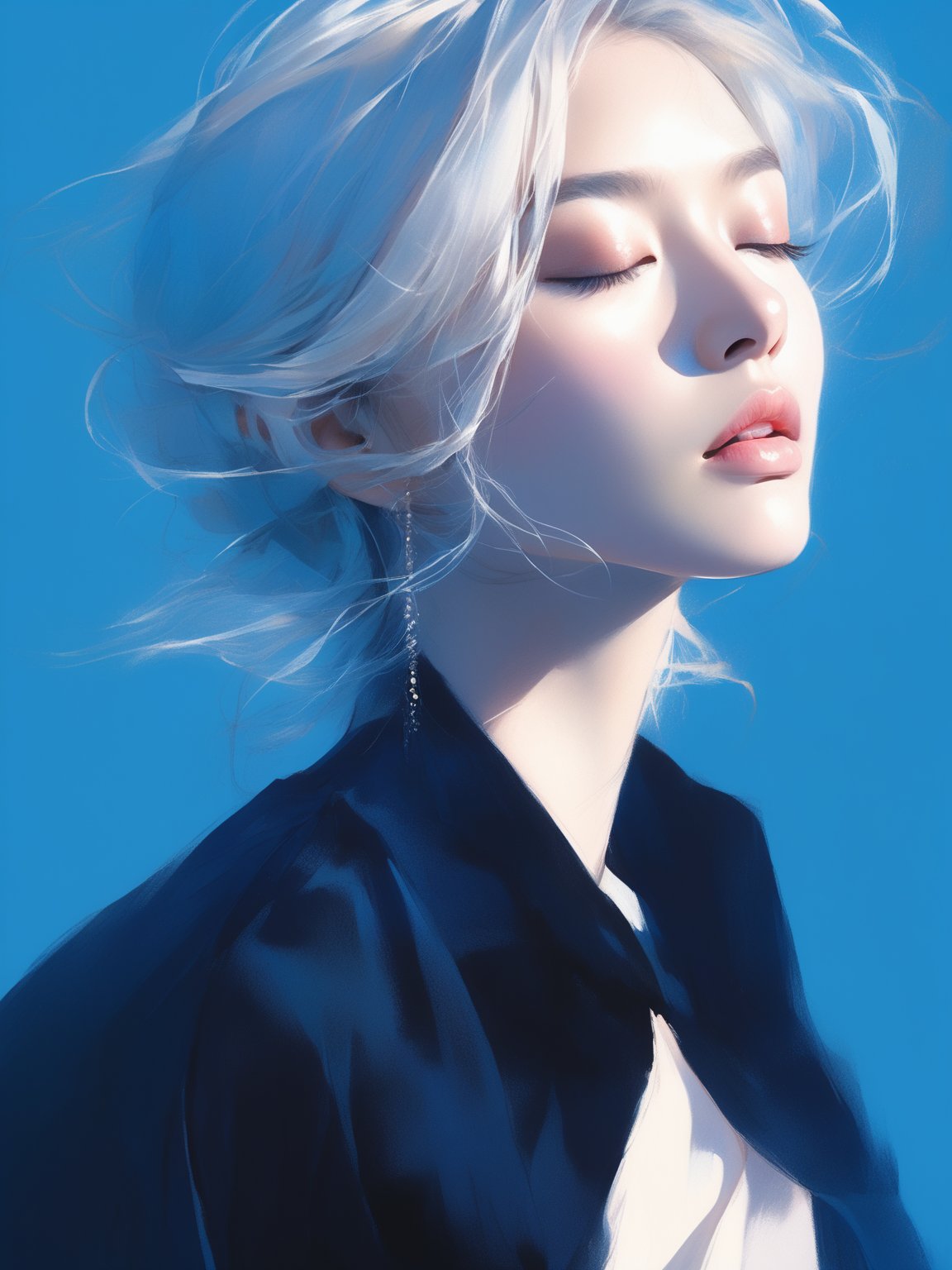 A striking portrait of beautiful Asian woman with ethereal, platinum hair, elegantly styled to frame her face. Her eyes are closed, and her lips are slightly parted, exuding a serene and contemplative expression. She is dressed in a sleek, dark blouse that contrasts beautifully with the vivid blue background, creating a sense of depth and focus on her delicate features. The overall ambiance is one of quiet elegance and otherworldly beauty, enhanced by the soft, natural light that bathes her face and accentuates the flawless texture of her skin. The image captures a moment of calm and introspection, as if she is lost in a peaceful dream.