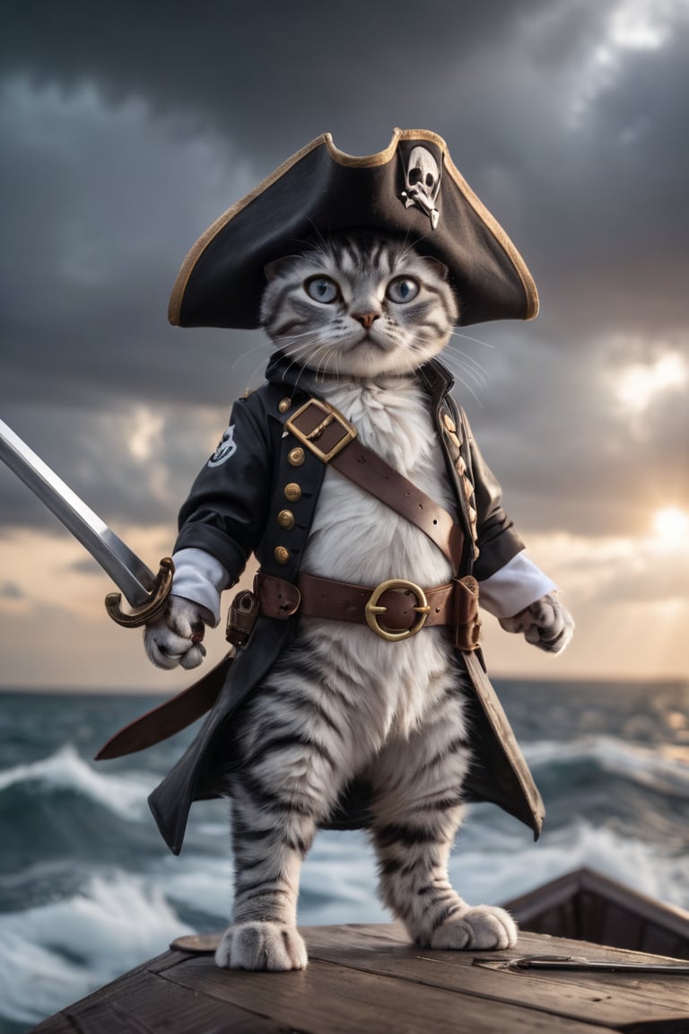 Majestic silver gray American Shorthair pirate, standing tall on ship's deck as sunrise breaks over turbulent ocean. One blue eye and one brown eye sparkle with mischief under warm glow of 3-point lighting setup. Softbox flash adds drama as he holds saber aloft, heroic silhouette against stormy horizon. Framed in Canon EOS R3's 4K HDR high-resolution mode, bokeh effect expertly managed at f2.8, 80mm.