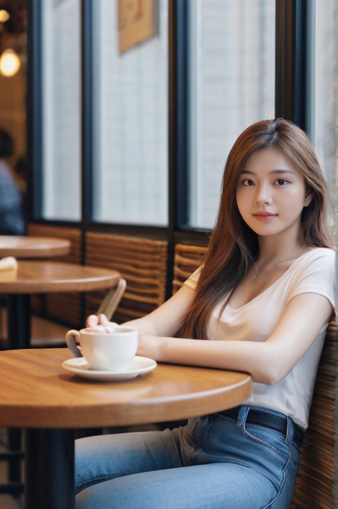 1girl,looking at viewer,cafe,sitting on a chair,