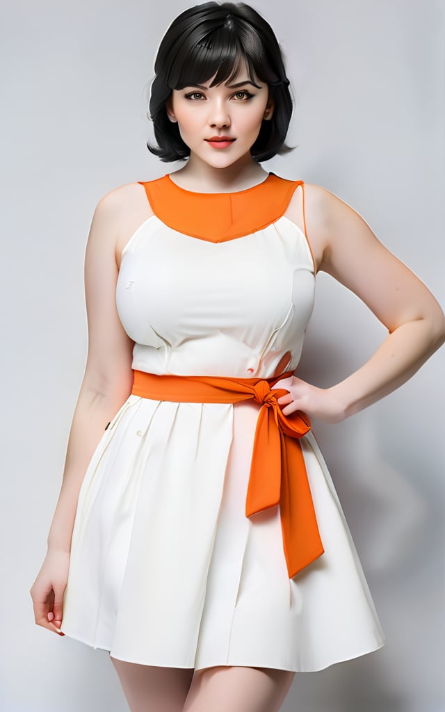 (best quality,4k,8k,highres,masterpiece:1.2),ultra-detailed,(realistic,photorealistic,photo-realistic:1.37), 1girl, solo, looking at viewer, short hair, bangs, black hair, orange dress, parted lips, (orange and white dress:1.2), professional photography