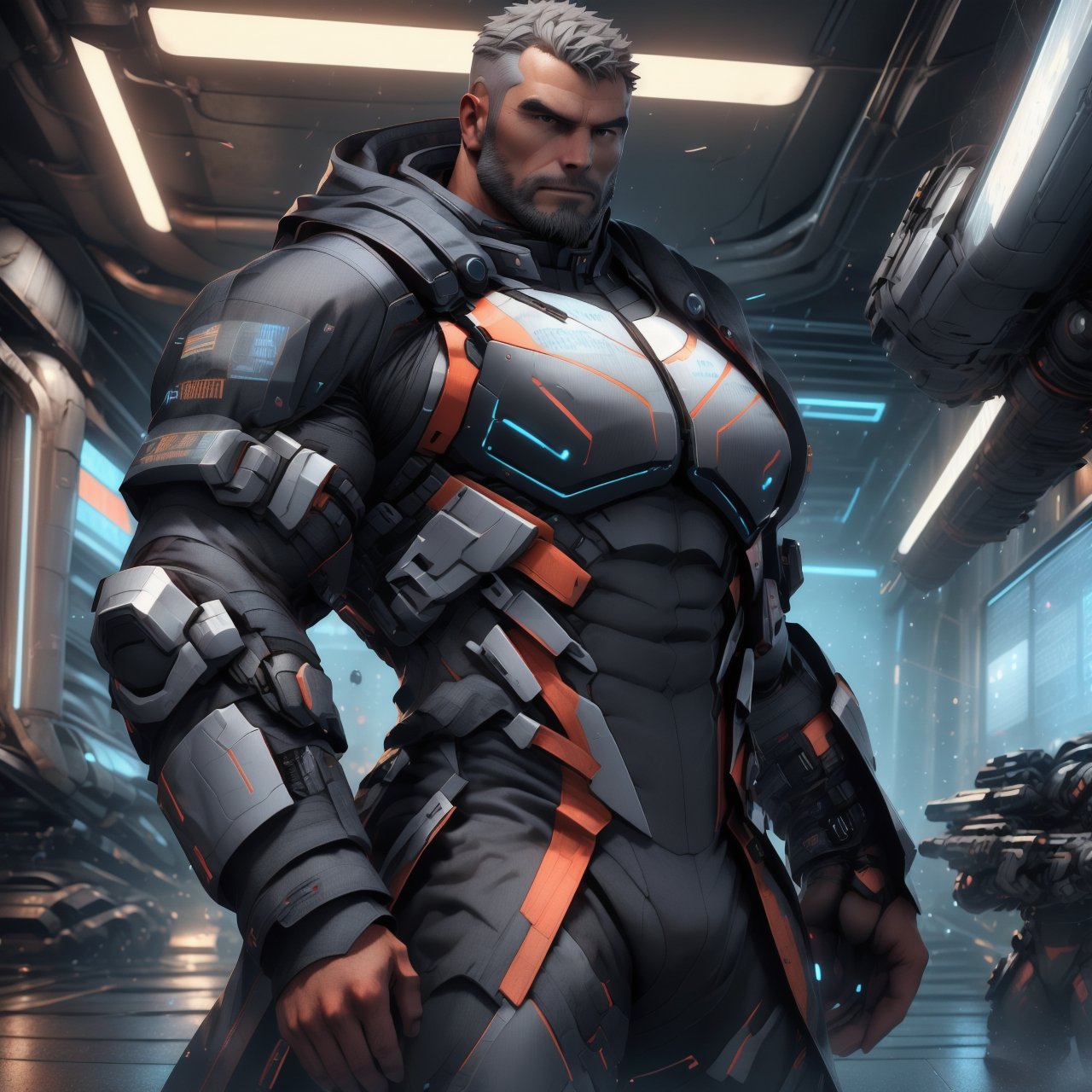 a muscular man, gray short hair, beard, strong jaw, patternbodysuit, bodysuit, gold, & black surcoat over his cybersuit, tough, heavy machine gun, (full body shot), standing at the science fiction base, dynamic pose, action_pose, 4k definition, HD resolution, highly detailed, realistic, dynamic action, handsome face beard.,VPL,Cyberpunk,hackedtech,nijimale