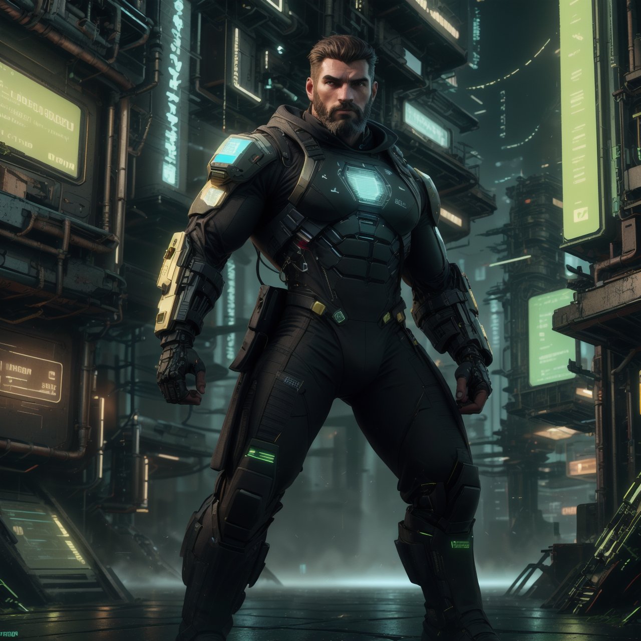 a muscular man, patternbodysuit, bodysuit, gold, & black surcoat over his cybersuit, holding heavy machine gun, short hair, beard, tough, piercing eyes, (full body shot), standing at the science fiction base, dynamic pose, action_pose, 4k definition, HD resolution, highly detailed, realistic, dynamic action, handsome face beard.,VPL,Hyper detailed muscle,FuturEvoLab-Lora-Cyberpunk,hackedtech