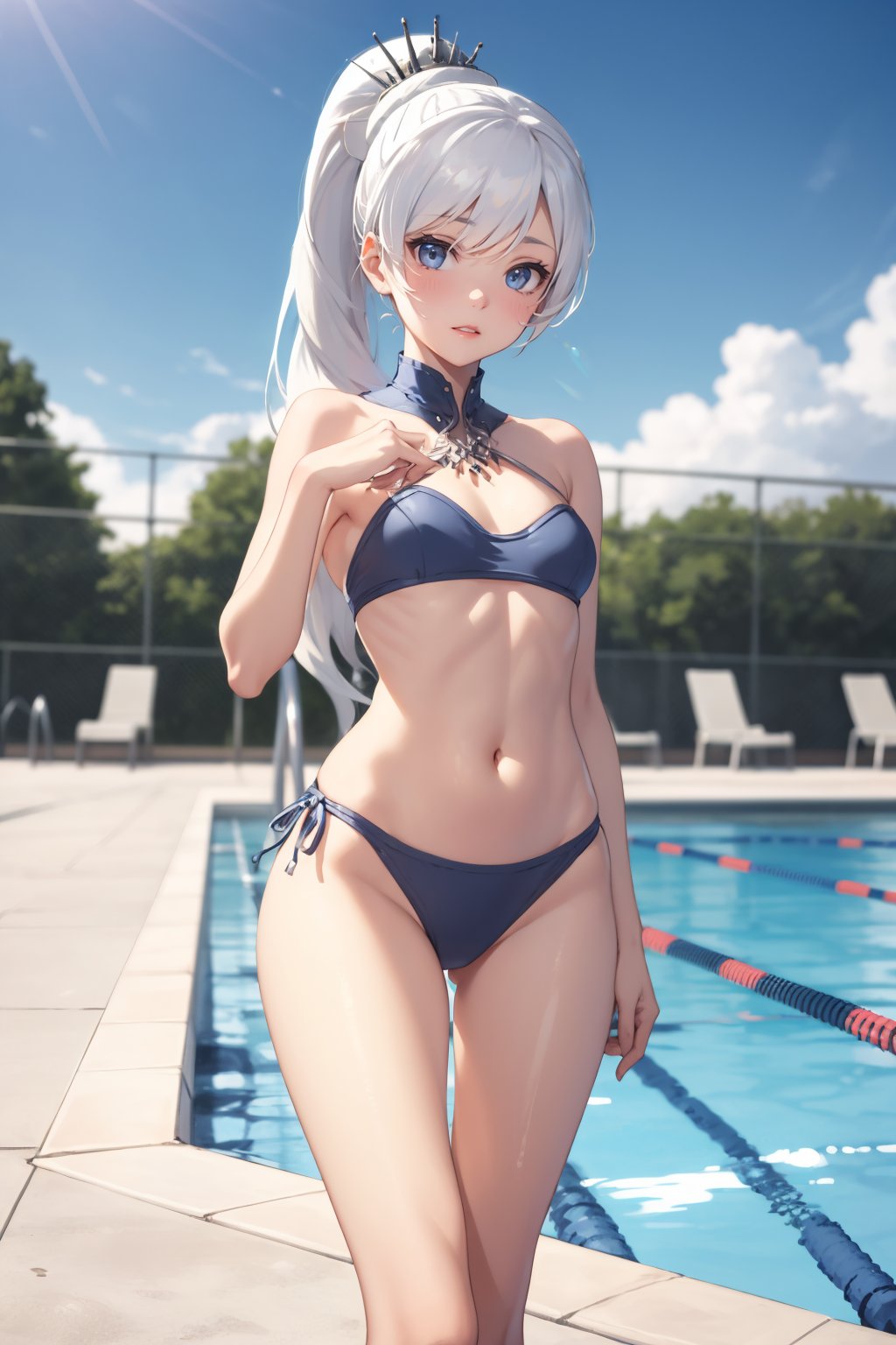 Medium shot), alone, 1 girl, colorful image, Swissvale, outside, pool, small smile, looking at viewer, ponytail, scar on eye, Weiss Mistral, weiss_schnee, swimsuit