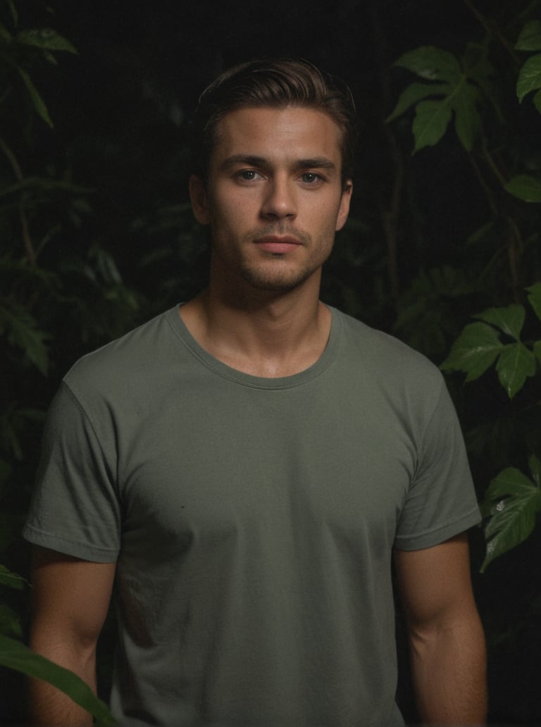 Masterpiece, realistic, lifelike, 1man, side part hairstyle, standing tall at the lush foliage of a dense jungle at night. In medium shot, his face is illuminate by a soft light, glossy oiled skin,cinematic glow, The darkness surrounding him , intimate atmosphere, glistening oiled skin,  , shaped,  glowing skin, wearing shirt, ,scenery, bark night ,thick_vine_bondage