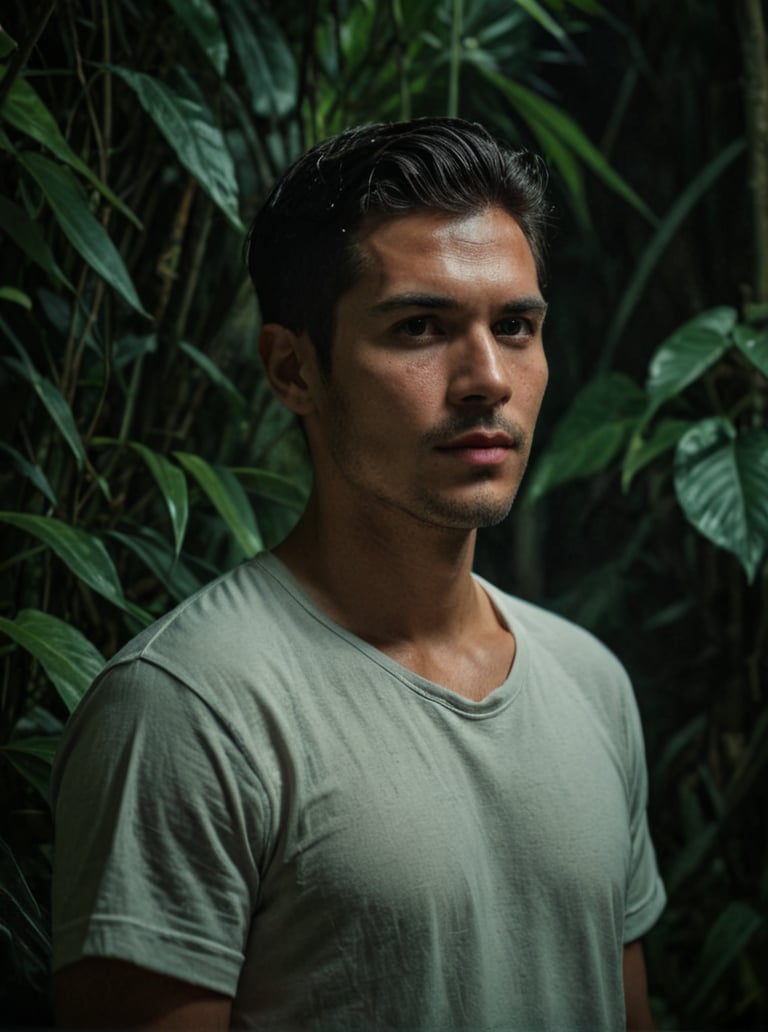 Masterpiece, realistic, lifelike, 1man, side part hairstyle, standing tall at the lush foliage of a dense jungle at night. In medium shot, his face is illuminated by a soft, glistening oiled skin,cinematic glow, The darkness surrounding him , intimate atmosphere, glistening oiled skin,  cinematic pose, shaped,  glowing skin, wearing shirt, ,scenery