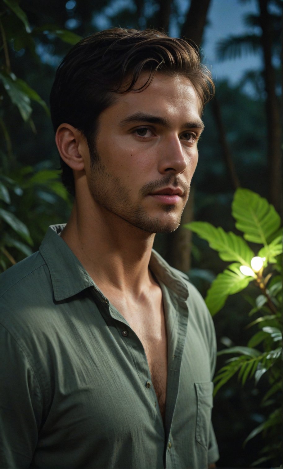 Masterpiece, realistic, lifelike, 1man, side part hairstyle, standing tall at the lush foliage of a dense jungle at night. In medium shot, his face is illuminated by a soft, glistening , alluring light highlighted his face, The darkness surrounding him , wearing shirt, scenery, bark night , really many Fireflies fly around, sending out a twinkling light backdrop,