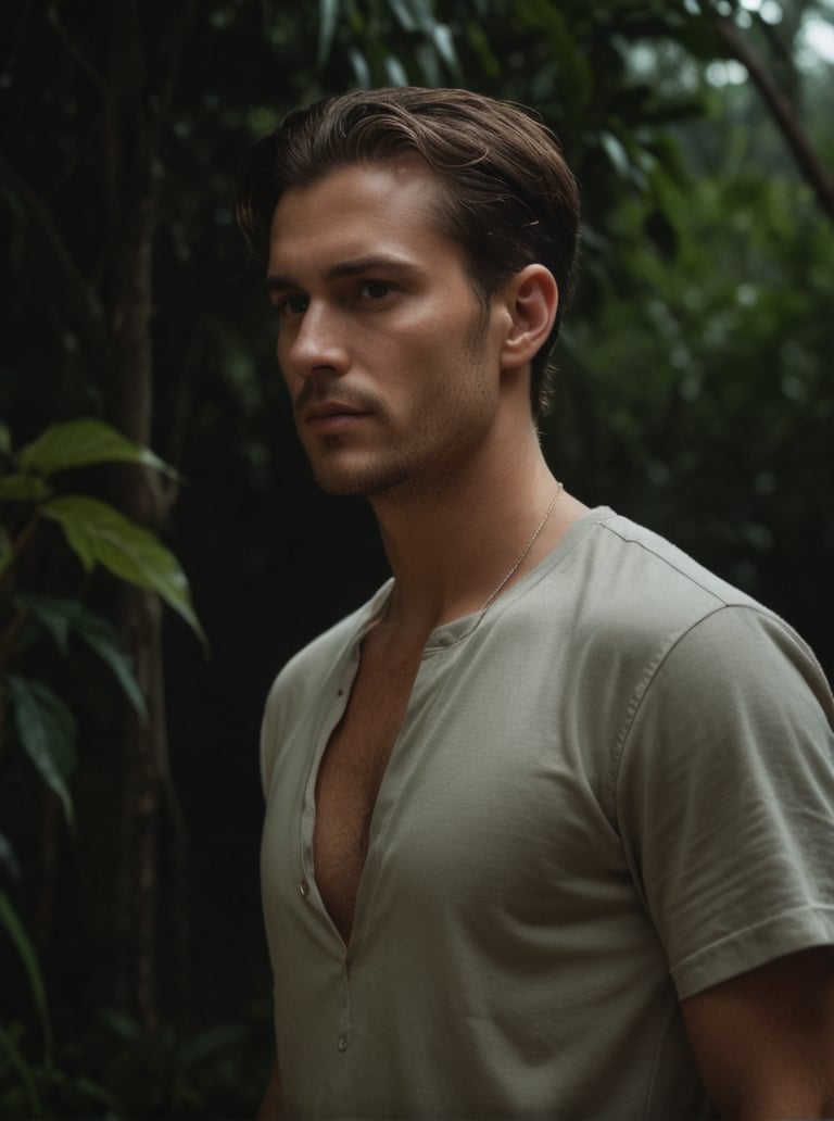 Masterpiece, realistic, lifelike, 1man, side part hairstyle, standing tall at the lush foliage of a dense jungle at night. In medium shot, his face is illuminate by a soft light, glossy oiled skin,cinematic glow, The darkness surrounding him , intimate atmosphere, glistening oiled skin,  , shaped,  glowing skin, wearing shirt, ,scenery, bark night ,thick_vine_bondage