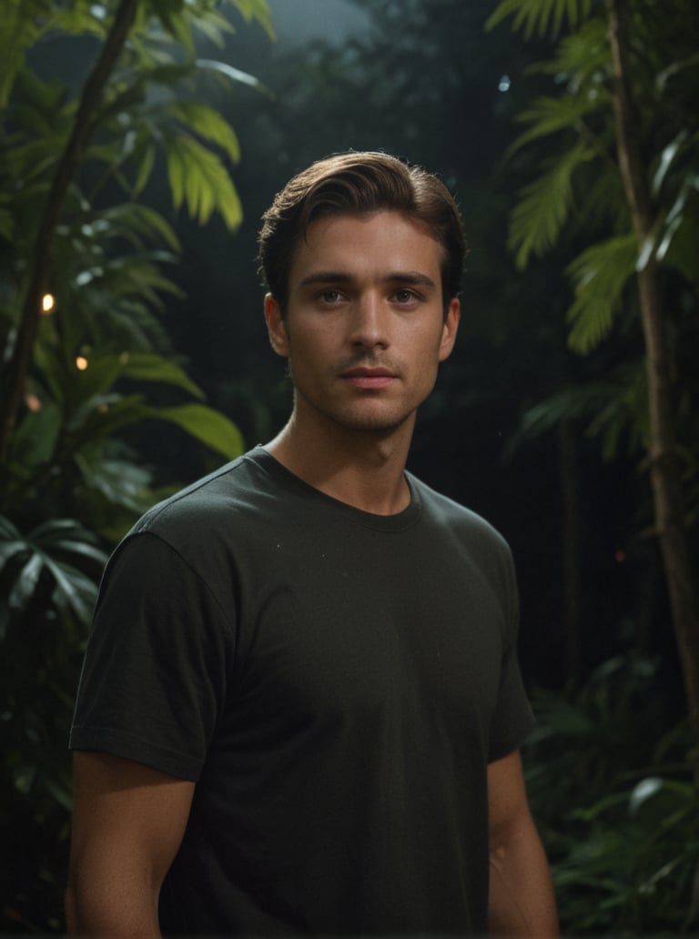 Masterpiece, realistic, lifelike, 1man, side part hairstyle, standing tall at the lush foliage of a dense jungle at night. In medium shot, his face is illuminated by a soft, glistening oiled skin,
The darkness surrounding him , wearing shirt, scenery, bark night , many Fireflies fly around, sending out a twinkling light.