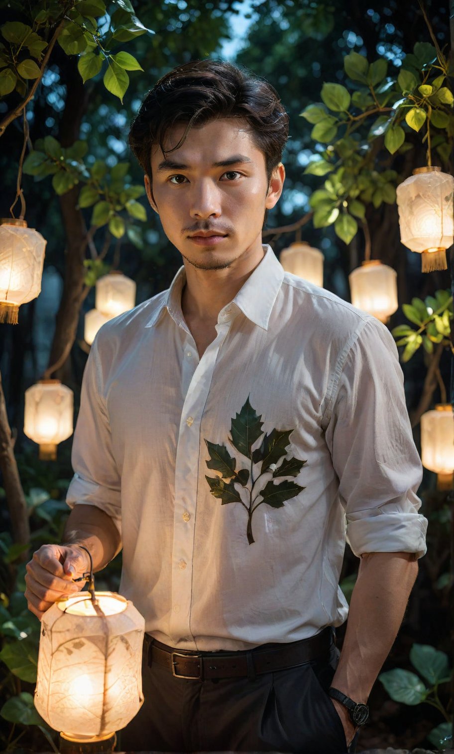 (Best quality, 8k, 32k, Masterpiece, UHD),lifelike rendering,solo, looking at viewer, shirt, black hair, 1boy, holding, white shirt, male focus, outdoors, collared shirt, pants, tree, facial hair, leaf, plant, lantern, realistic, lamp, Hand taking China lantern, strict face features, High-quality detailing, 4K resolution captures,  night deep darkness surrounding him 