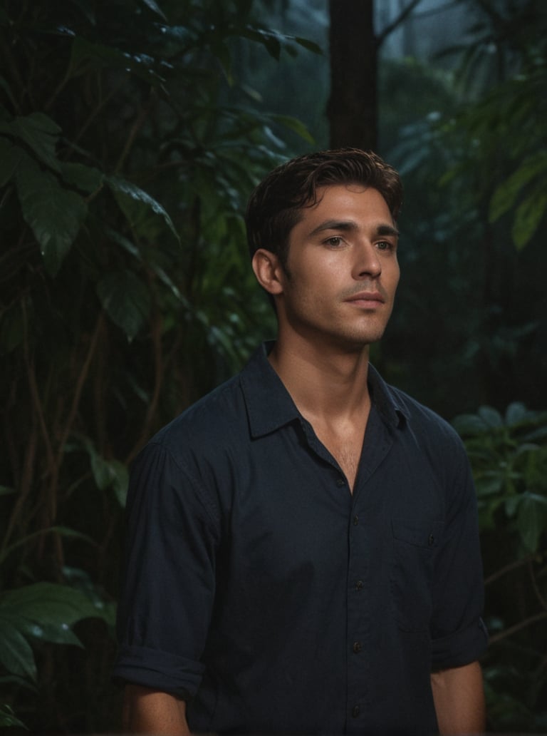 Masterpiece, realistic, lifelike, 1man, side part hairstyle, standing tall at the lush foliage of a dense jungle at night. In medium shot, his face is illuminated by a soft, glistening oiled skin,
The darkness surrounding him , wearing shirt, scenery, bark night , many Fireflies fly around, sending out a twinkling light.