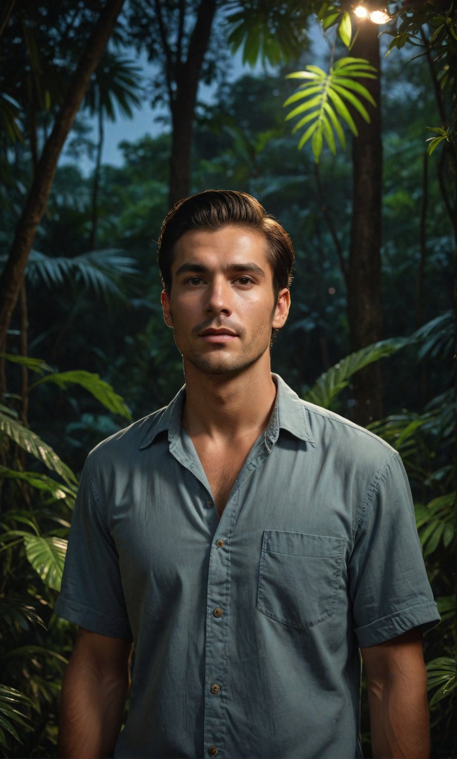 Masterpiece, realistic, lifelike, 1man, side part hairstyle, standing tall at the lush foliage of a dense jungle at night. In medium shot, his face is illuminated by a soft, glistening , alluring light highlighted his face, The darkness surrounding him , wearing shirt, scenery, bark night , really many Fireflies fly around, sending out a twinkling light backdrop, middle contrast 