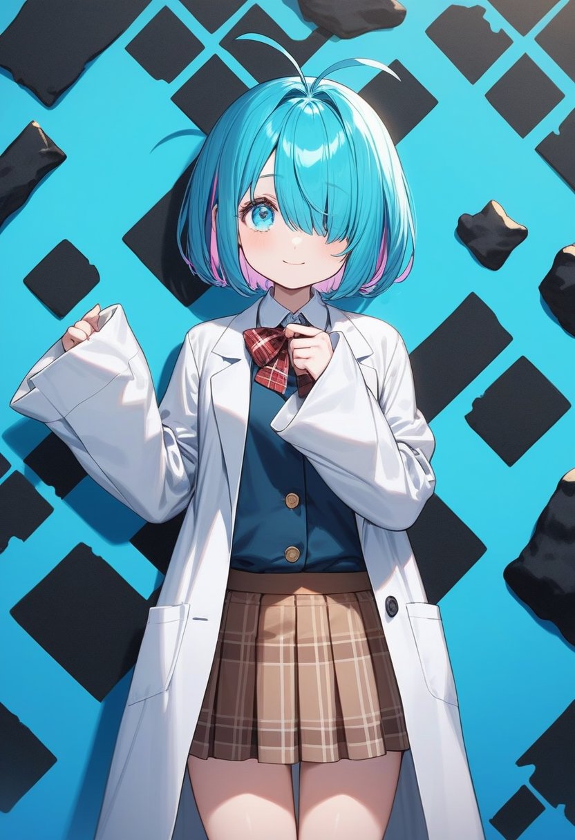 masterpiece, best quality, extremely detailed, high resolution, beautiful face, Japanese anime,1girl, (cowboy shot:1.3), ((no hat:1.3)), BREAK ((cyan colored hair:1.3)), (hair over one eye:1.2), (bob hair:1.3), BREAK ((cyan colored hair:1.3)), (antenna hair:1.3), BREAK(cyan eyes), (tareme, with eyelashes), (beautiful detailed eyes:1.2), (sleepy), (light smile), 17 -year-old ,135cm tall, Plump, heavy chest, original character, fantasy, BREAK ((beautiful fingers:1.3)), BREAK ((coal mine background:1.4)), BREAK (standing:1.4), BREAK((white, blazer:1.3)), (sleeves past wrists:1.3), (lab coat:1.3), (brown rebbon), (Plaid, brown skirt:1.3), BREAK(check, white socks:1.3), shoot from front, looking at viewer