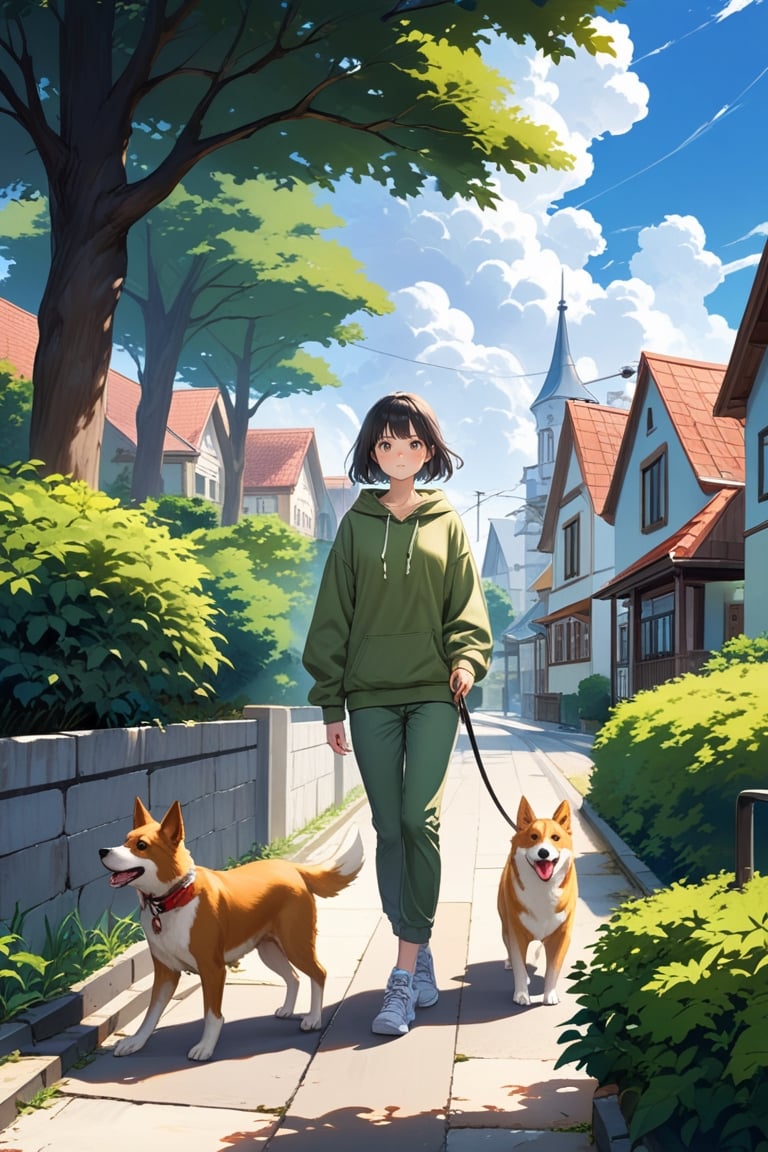 1girl, solo, short hair, black hair, long sleeves, holding, outdoors, sky, shoes, day, pants, cloud, hood, bag, tree, blue sky, hoodie, animal, hood down, cloudy sky, building, sneakers, walking, dog, leash, drawstring, road, bush, house, green pants, holding leash