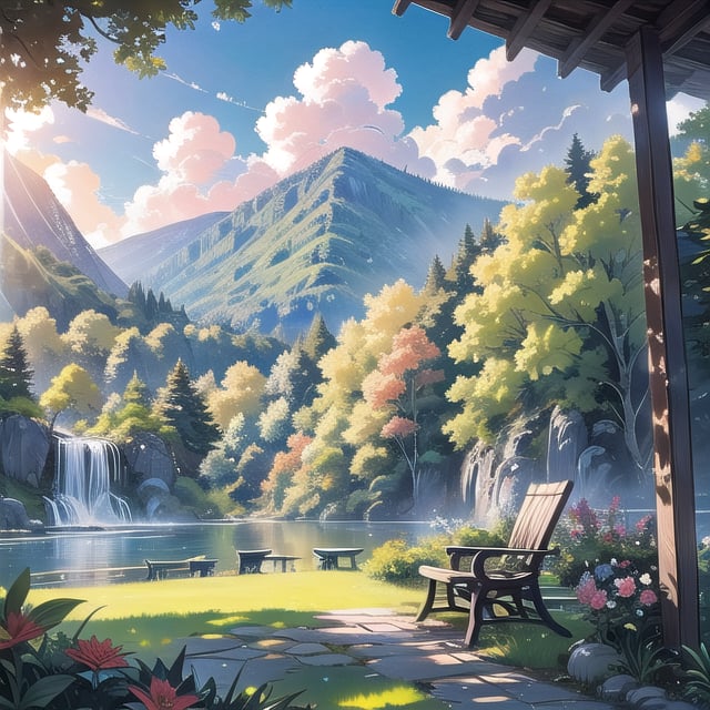 A serene outdoor scene: a vibrant flower blooms on a lush green grassy hill, surrounded by towering trees with leafy canopies filtering sunlight. The brilliant blue sky above features wispy clouds drifting lazily across it, with the gentle water feature's soft gurgling sound blending harmoniously into the peaceful ambiance. A sturdy chair and weathered bench sit nestled among foliage, inviting contemplation amidst the idyllic scenery. Bushes and plants of varying textures and hues add depth to this picturesque haven, framed by the tranquil forest and distant hills.