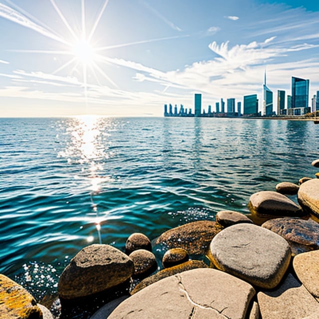 A serene outdoor setting captures the beauty of a sunny day. Against a brilliant blue sky with wispy clouds, the vast expanse of the ocean stretches out to the horizon. A cityscape unfolds in the distance, featuring sleek skyscrapers and bustling streets. Lens flare and light rays emanate from the sun's position, casting a warm glow on the scenery. In this tranquil atmosphere, the water's edge meets the sky, with no human presence to disturb the peaceful scene.
