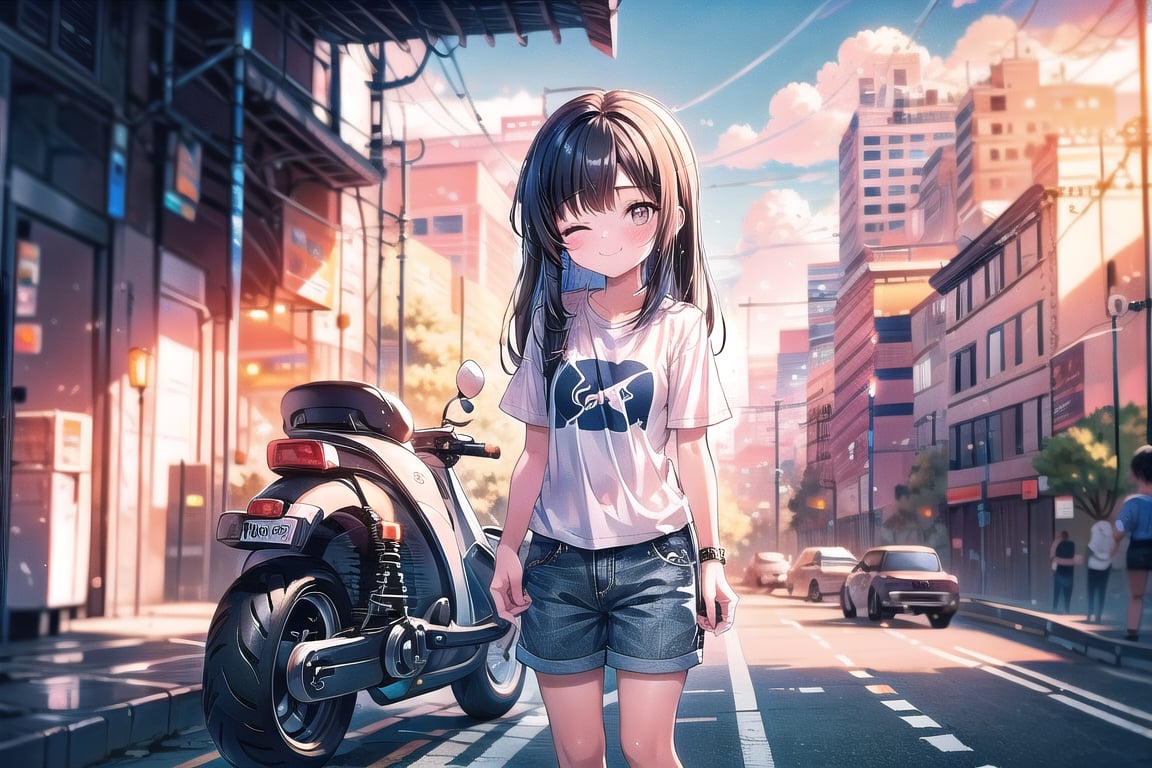 A warm day with a bright blue sky and a few clouds. The scene is set on a quiet street with a mix of buildings and outdoor spaces, 1girl, 1boy.. A girl with long black hair and bangs stands out, her gaze directly at the viewer as she blushes and smiles. She's wearing a shirt and has short sleeves. a boy looks relaxed, one eye closed, his brown eyes crinkling at the corners as he grins. He's dressed in a white T-shirt with short sleeves and has black hair. A backpack lies at their feet near a ground vehicle, such as a motorcycle or scooter, parked on the road beside a utility pole.

The overall atmosphere is casual and carefree, with a sense of joy and spontaneity.