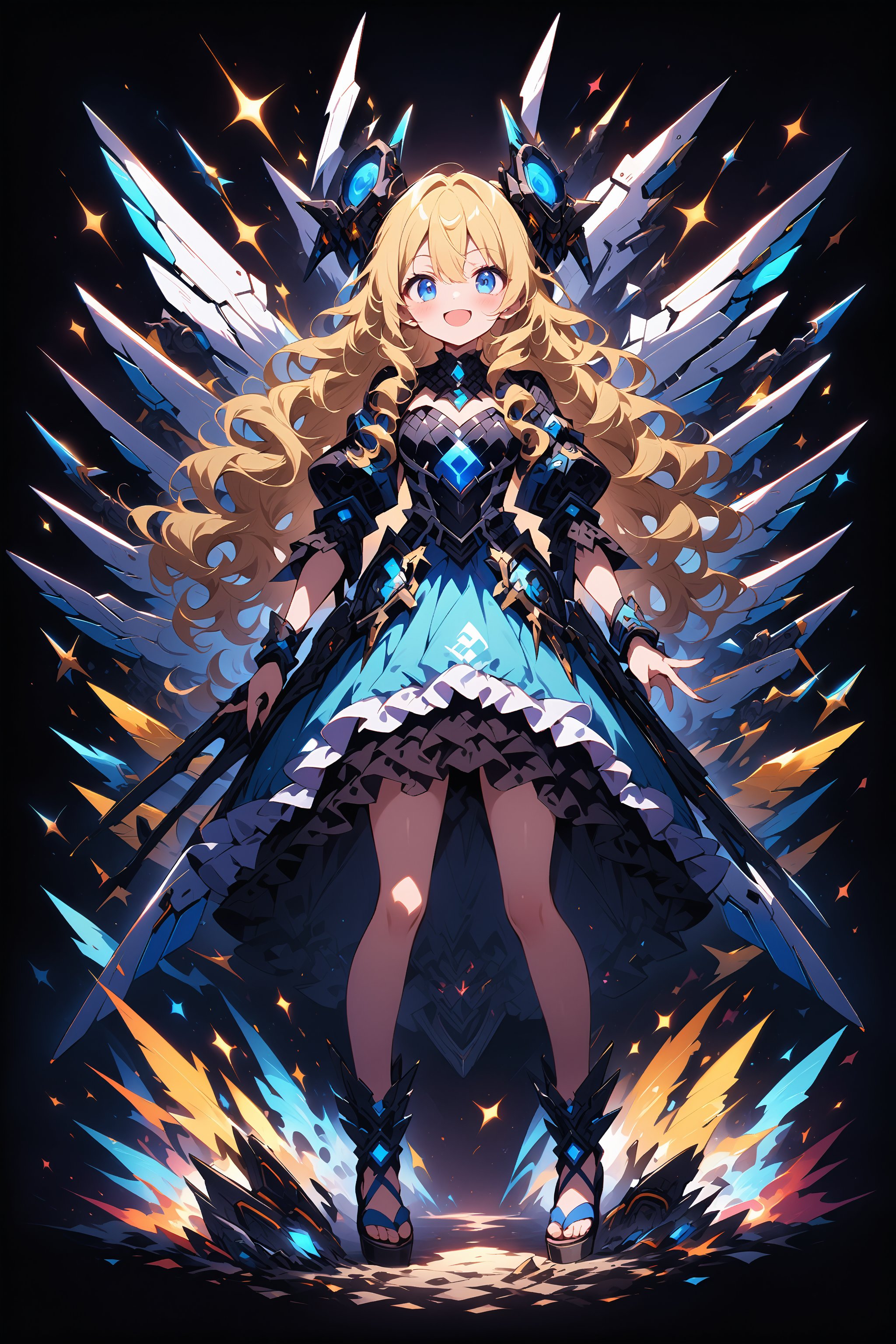 score_9, score_8_up, score_7_up, best quality ,masterpiece, 4k, Japanese anime, 1girl, medium length hair, blonde hair,wavy hair,curly hair , blue ribbon, mechanical wing, blue eyes, laugh, original character, fantasy, (black background:1.2), (full body:1.1), beautiful fingers, standing, lace frill Gothic armor dress, mechanical headgear, shoot from front, looking at viewer 