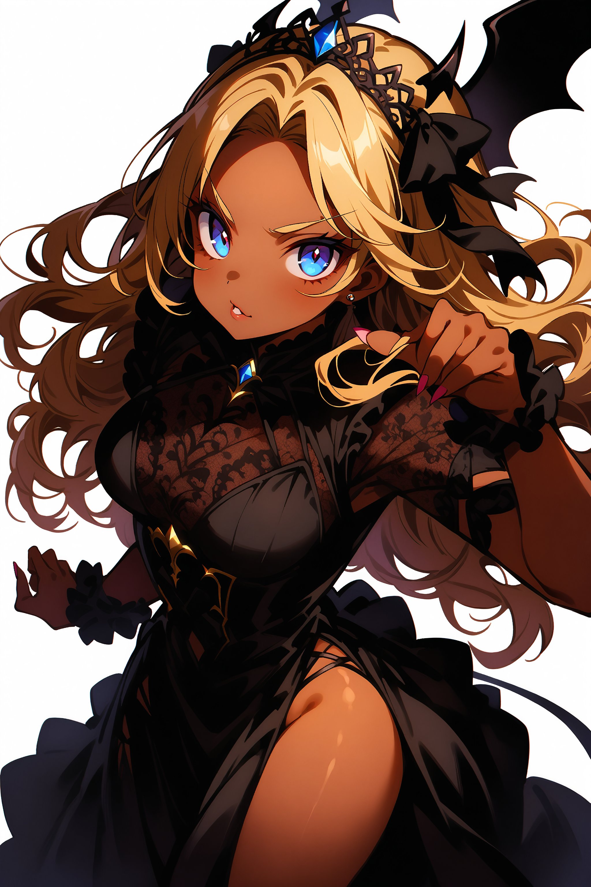  score_9, score_8_up, score_7_up, best quality ,masterpiece, 4k, Japanese anime, 1girl,(dark skin:1.2), (long length hair:1.2), drill hair, blonde hair, medium breasts, (eye lashes:1.3), (eye shadow:1.3), blue eyes, (beautiful detailed eyes:1.4),(porty lips:1.5) , (red cheek:1.2), 130cm tall, original character, fantasy, (demon wing:1.5),(White background:1.5), beautiful fingers, (blue gold lace frill Gothic dress:1.5), (red tiara:1.5) ,(head ribbon:1.5), fighting pose ,full body, shoot from front, looking at viewer ,