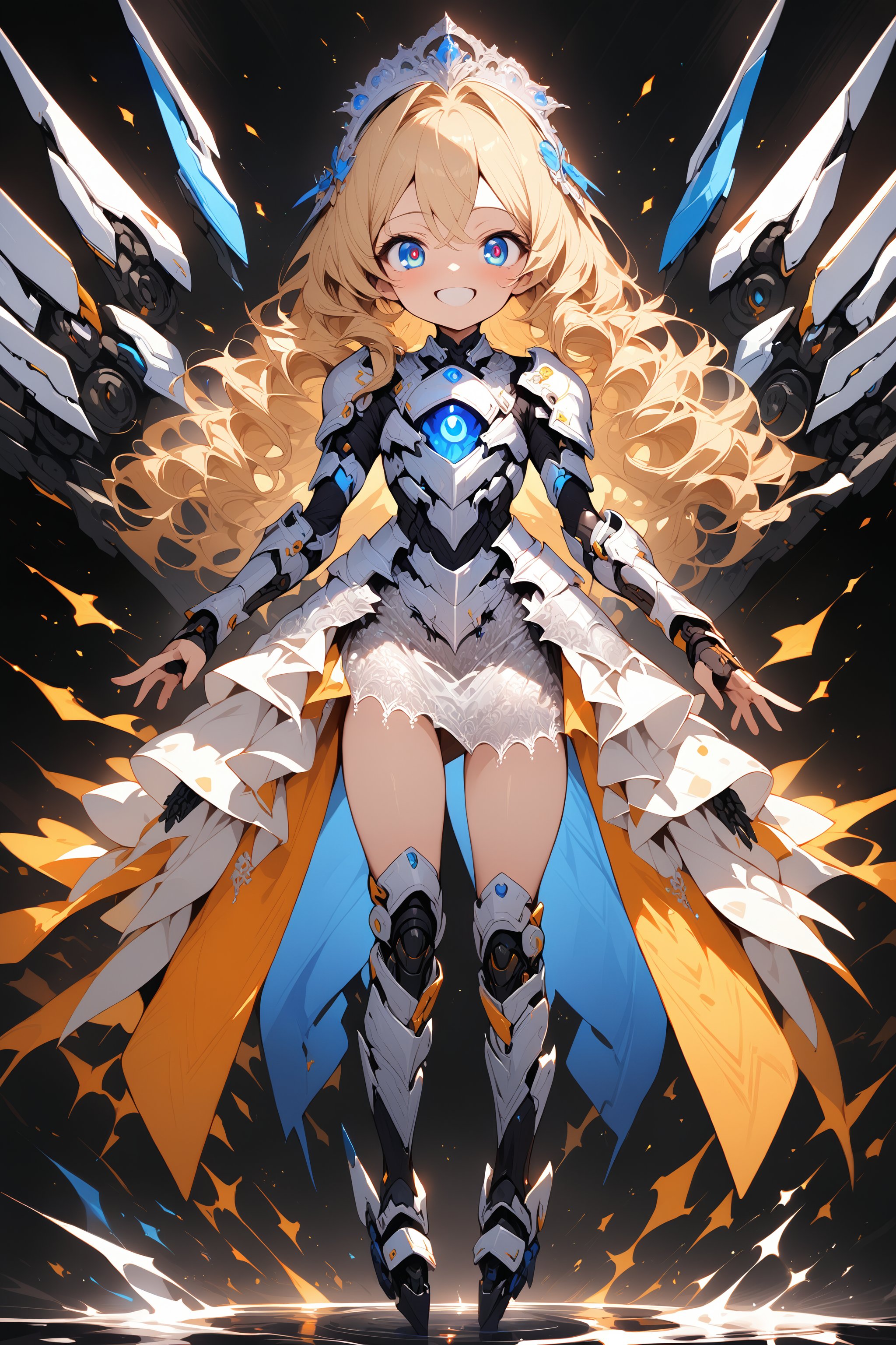 masterpiece, best quality, extremely detailed, high resolution, Japanese anime,1girl, blonde hair, (short length hair:1.4), side braid hair, curly hair, wavy hair, drill hair, curl outward hair, (blue eyes:1.5), (beautiful detailed eyes:1.4), laugh, 12 -year-old , 145cm tall, original character, fantasy,(Mechanical wing:1.5), (black background:1.2), (full body:1.8), beautiful fingers, standing, (Silver lace armor dress:1.5), (Mechanical headdress:1.5) , shoot from front, looking at viewer  ,