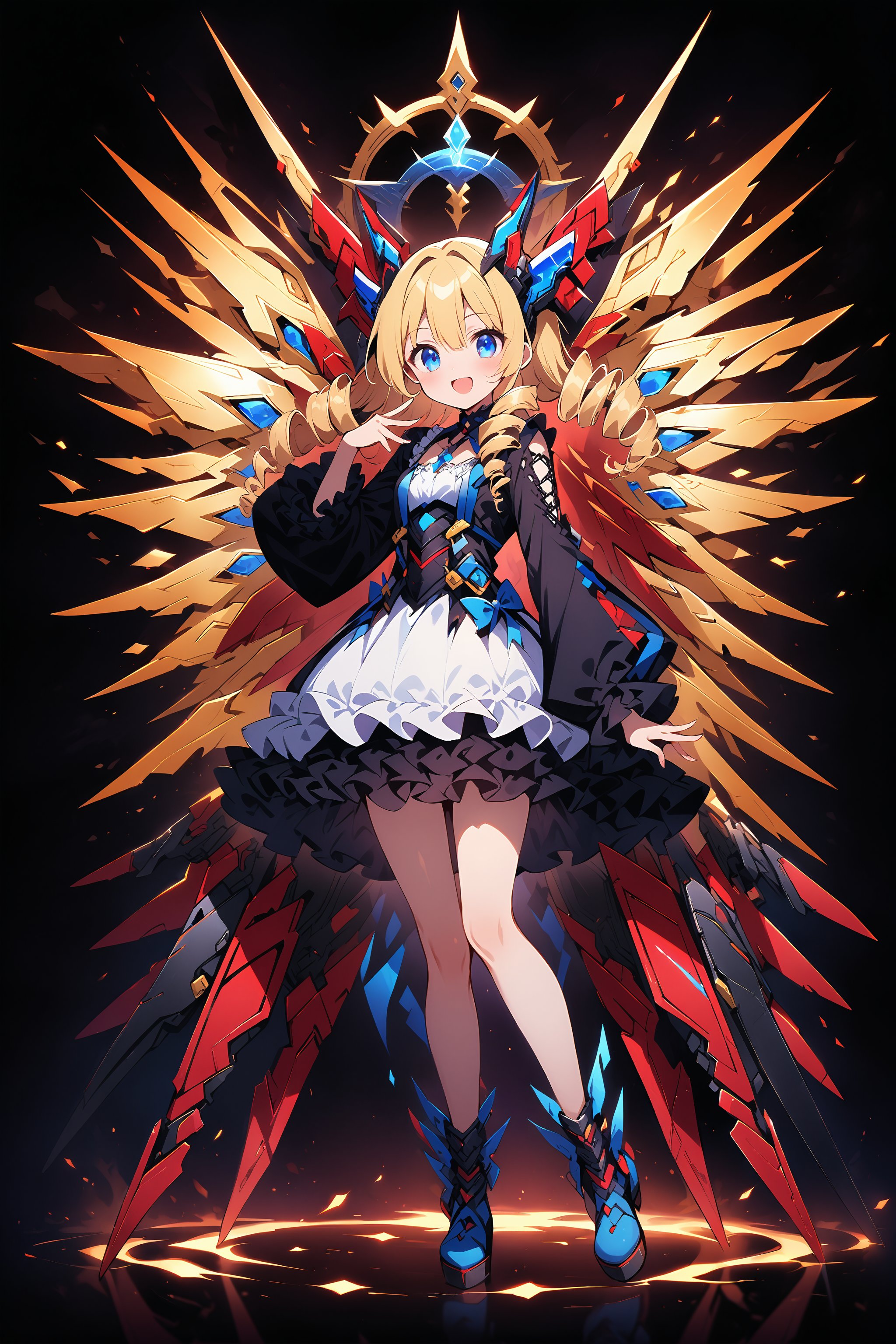 score_9, score_8_up, score_7_up, best quality ,masterpiece, 4k, Japanese anime, 1girl, medium length hair, blonde hair, drill hair, blue ribbon, (mechanical dragonhorn:1.1), (mechanical wing:1.1), blue eyes, laugh, original character, fantasy, (black background:1.2), (full body:1.1), beautiful fingers, standing, ( lace frill Gothic dress:1.2), (mechanical headgear:1.1) , shoot from front, looking at viewer 