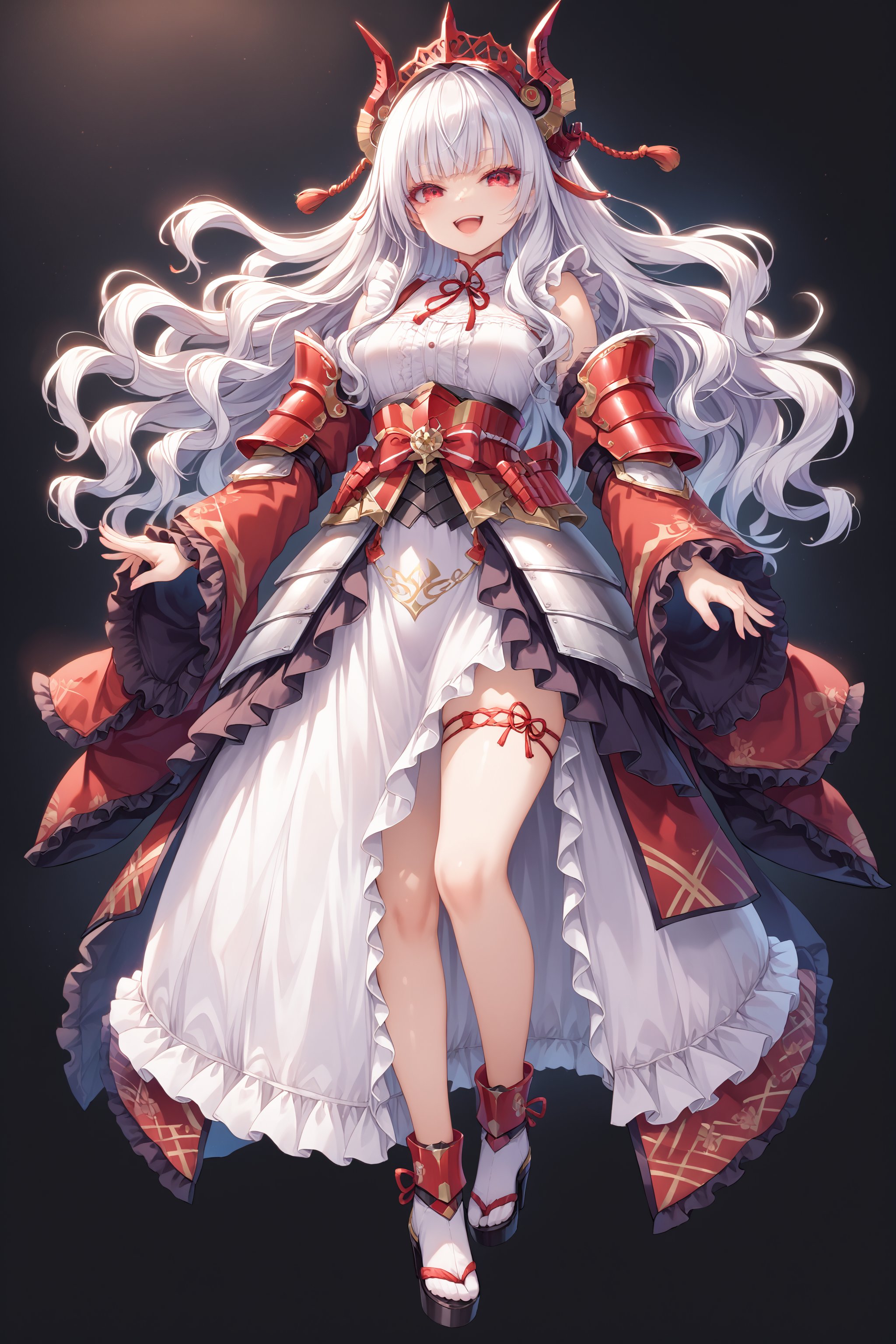 score_9, score_8_up, score_7_up, best quality,masterpiece, 4k, Japanese anime, masterpiece, Japanese anime,1girl, (white skin:1.2), white hair, (long length hair:1.4), curly hair, wavy hair, drill hair, (mechanical dragonhorn:1.2), (mechanical wing:1.2), (eye lashes:1.3), (eye shadow:1.3),  (lower eyelashes:1.3), red eyes, (beautiful detailed eyes:1.4), laugh, 130cm tall, original character, fantasy, (black background:1.2), (full body:1.8), beautiful fingers, standing, ( white lace frill armor dress:1.5), (mechanical headgear:1.5) , shoot from front, looking at viewer, 