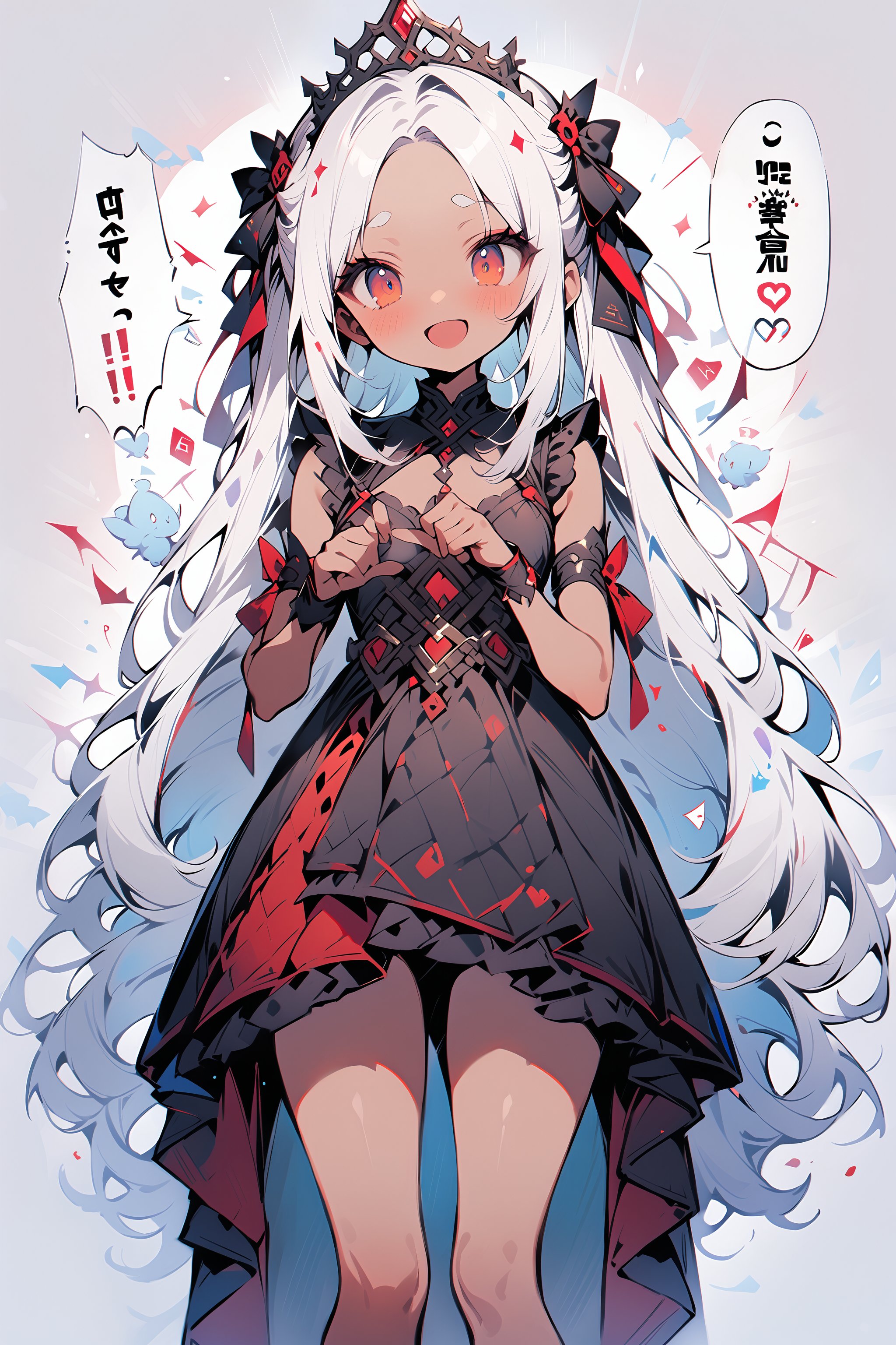  score_9, score_8_up, score_7_up, best quality ,masterpiece, 4k, Japanese anime, (1girl:1.5), white hair, dark skin, forehead, long hair, smallest breasts, eye lashes, eye shadow, thick eyebrows, brown colored eyes, beautiful detailed eyes,(giggling:1.5), red cheek, 130cm tall, original character, fantasy, white background, beautiful fingers, Gothic dress , head ribbon , tiara, (full body:1.2), shoot from front, looking at side