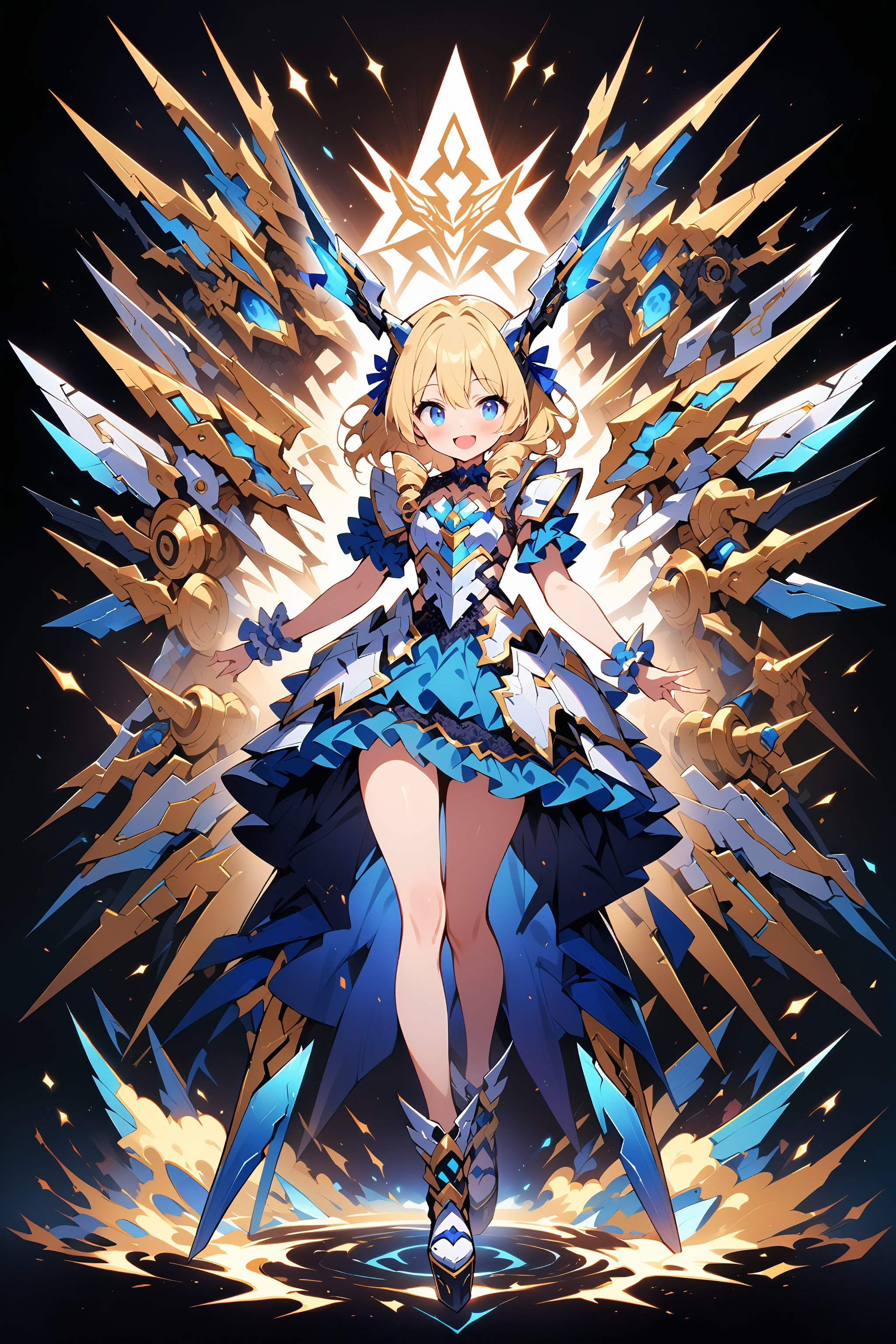 score_9, score_8_up, score_7_up, best quality ,masterpiece, 4k, Japanese anime, 1girl, medium_hair, blonde hair, drill hair, blue ribbon, (mechanical dragonhorn:1.1), (mechanical wing:1.1), blue eyes, laugh, original character, fantasy, (black background:1.2), (full body:1.1), beautiful fingers, standing, (blue gold lace frill armor dress:1.2), (mechanical headgear:1.1) , shoot from front, looking at viewer 