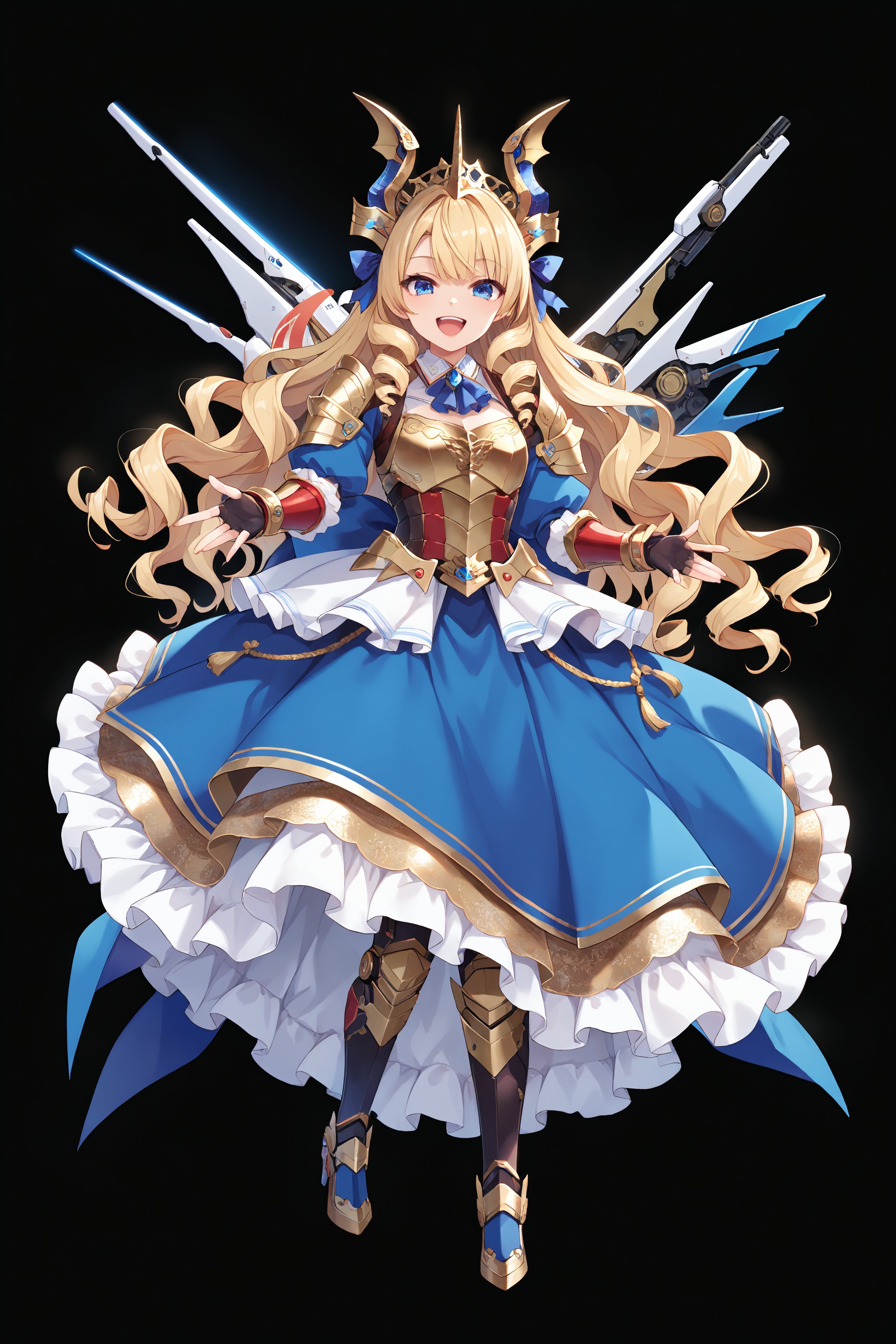 score_9, score_8_up, score_7_up, best quality ,masterpiece, 4k, Japanese anime, 1girl, medium_hair, blonde hair, drill hair, wavy hair, blue ribbon, (mechanical dragonhorn:1.1), (mechanical wing:1.1), blue eyes, laugh, original character, fantasy, (black background:1.2), (full body:1.1), beautiful fingers, standing, (blue gold lace frill armor dress:1.2), (mechanical headgear:1.1) , shoot from front, looking at viewer 