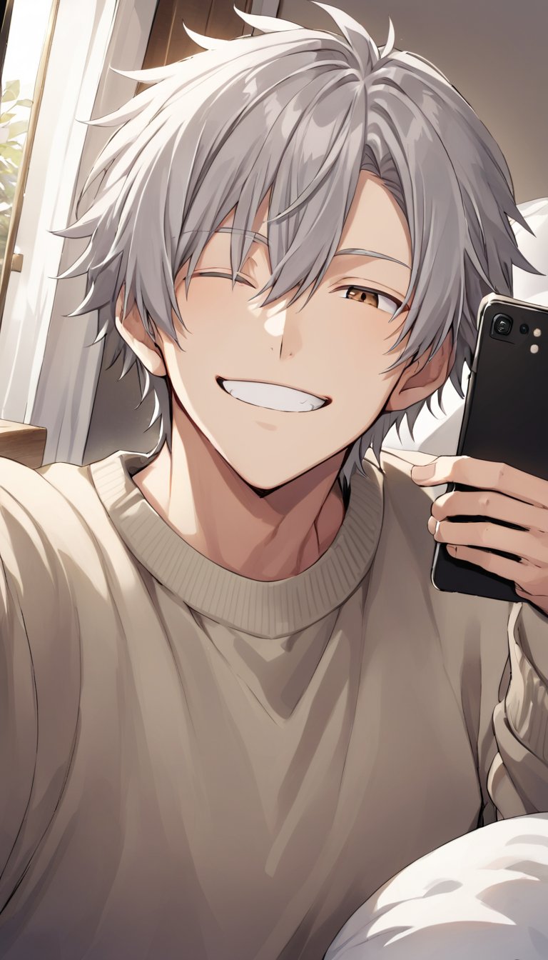 solo, grin, 1boy, holding, brown eyes, male focus, gray hair with white tips, one eye closed, sweater, pillow, phone, cellphone, smartphone, holding phone, ;\), selfie,tensura_style