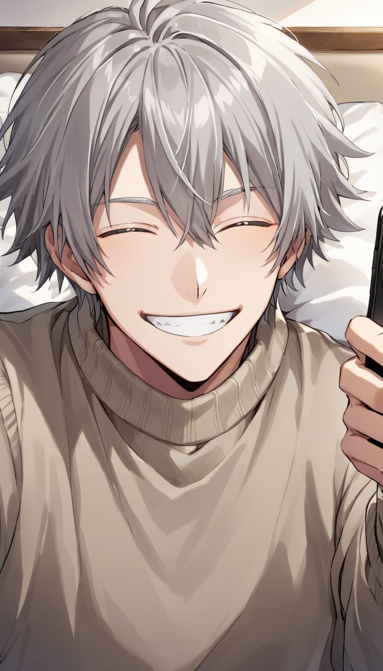 solo, grin, 1boy, holding, brown eyes, male focus, gray hair with white tips,eyes closed, sweater, pillow, phone, cellphone, smartphone, holding phone, ;\), selfie,tensura_style