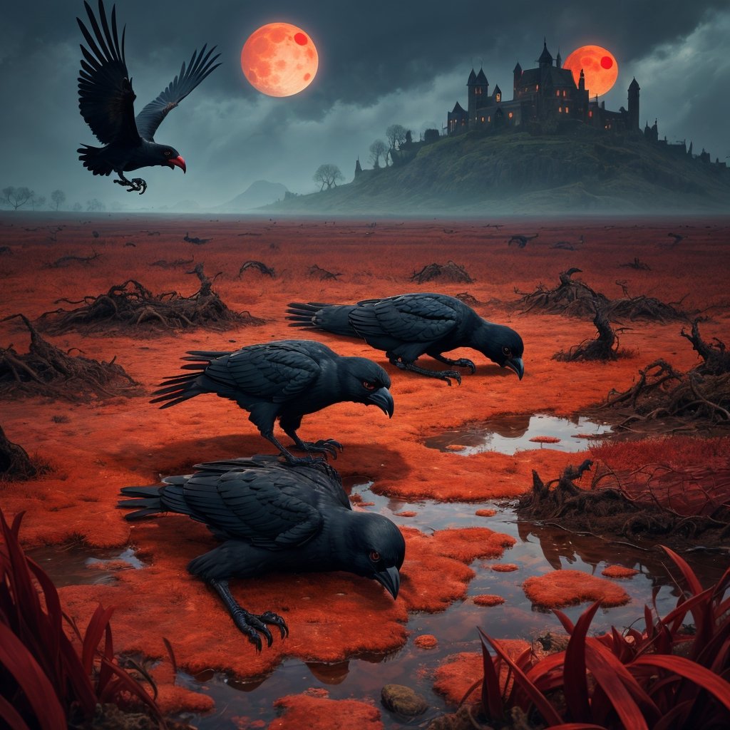 masterpiece, best quality, masterpiece,best quality, A strange place. The ground is grass that looks like human hands. There are red rivers and an eye-shaped big red moon. nightmare scene, crow eating carcass