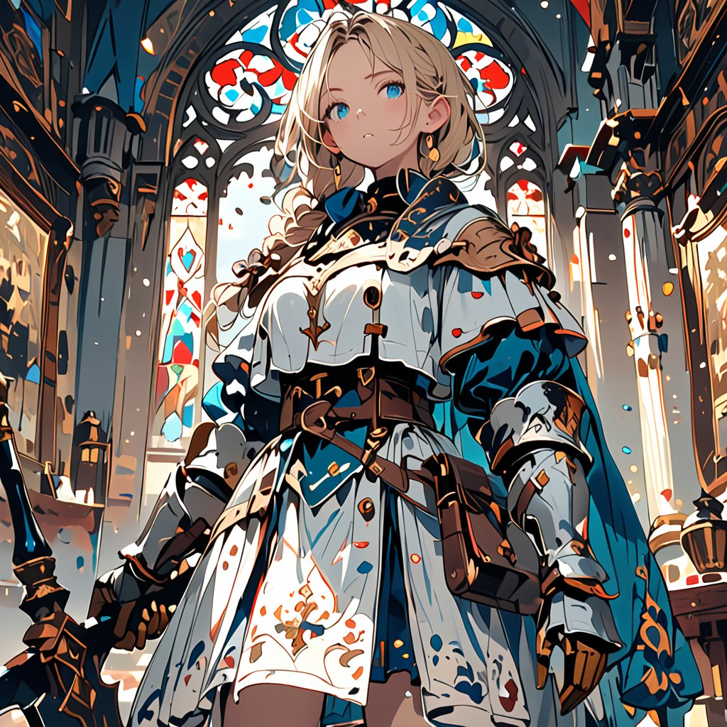 //quality, (masterpiece:1.331), (detailed), ((,best quality,)),//,(1girl),royal knight,//,(blonde_hair:1.3),hairstyle, long hair, ((,single braid,)),detailed eyes, blue eyes,//,(detailed white armor:1.1),armored dress,cloak,puffy sleeves,cape belt,//,serious,facing_viewer,//, standing, (holding spear:1.3), (huge weapon),//,indoor,castle, (cowboy_shot),straight-on,stained glass,carved woodwork,ornate ceilings,tapestry,tapestried walls,velvet drapes,chandelier,gilded furniture,dal-6 style