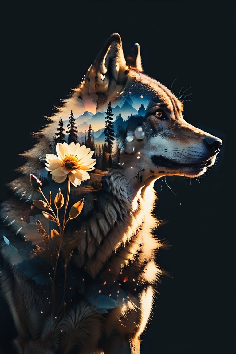 silhouette of a wolf in profile. Inside the silhouette you can see the double exposure with a flower, masterpiece, ((double exposure)), proportional.,DOUBLE EXPOSURE,SDXL